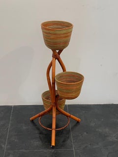 Polychrome Wicker and Bamboo Vase Holder Tripods, 1970s