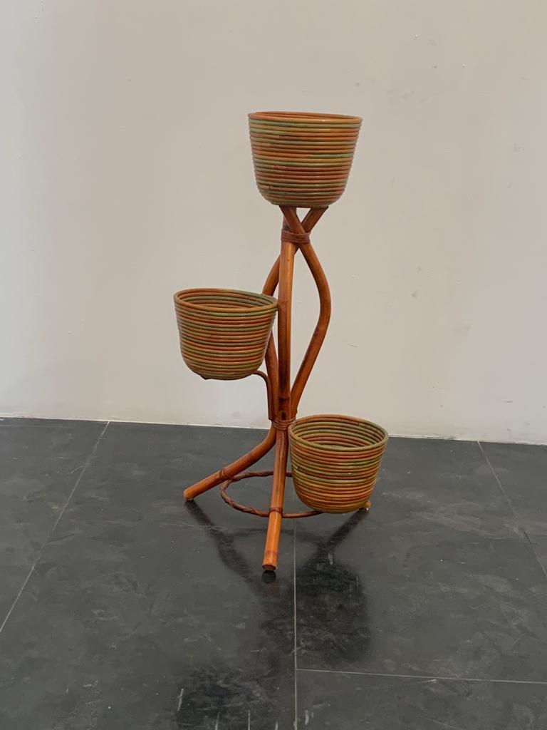Tripods de vases polychromes en osier et bambou, 1970 en vente 1