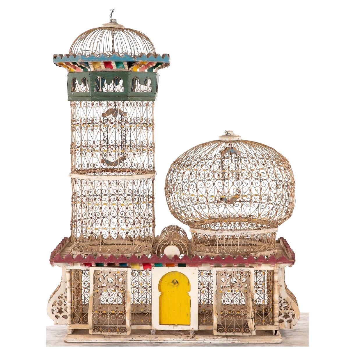 Cage à oiseaux en fil métallique polychrome, France, XXe siècle