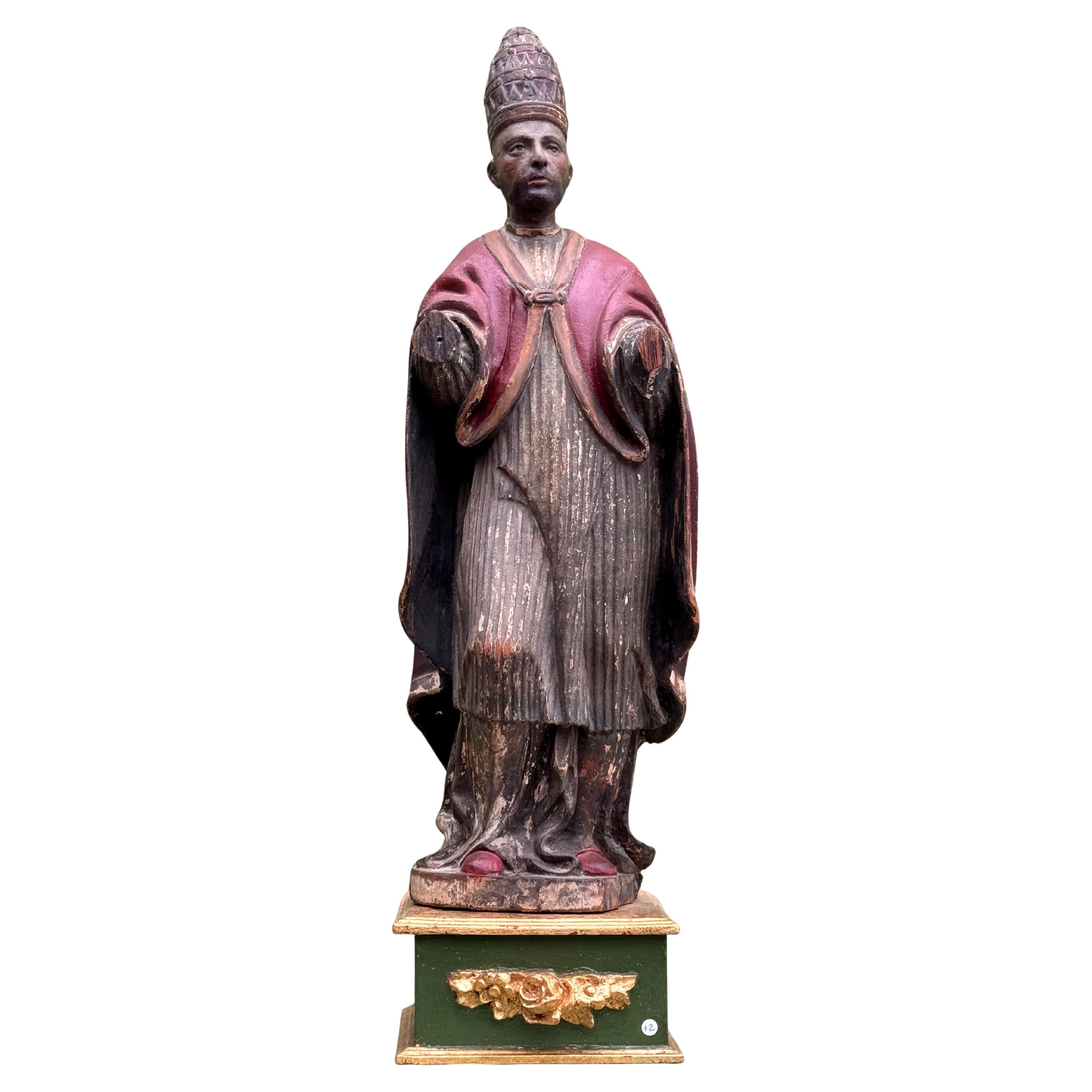 Polychrome Wood Carving of Pope Borgia, Spanish School, 17th Century For Sale