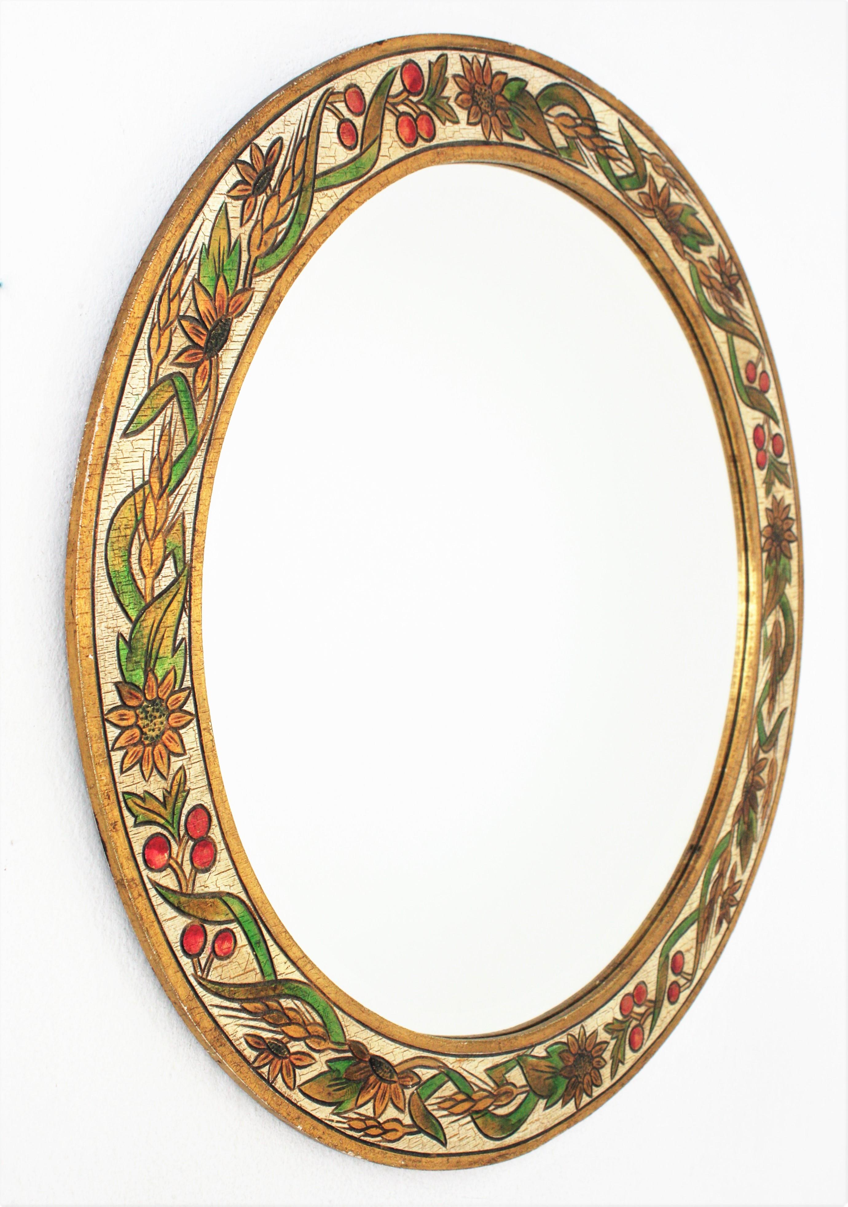 Mid-Century Modern Round Wall Mirror in Polychrome Wood, 1960s For Sale
