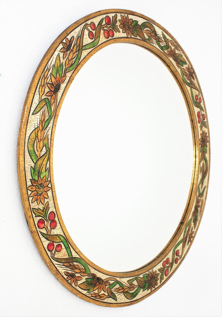 Spanish Round Mirror in Polychrome Wood, 1960s, image size:768x1093