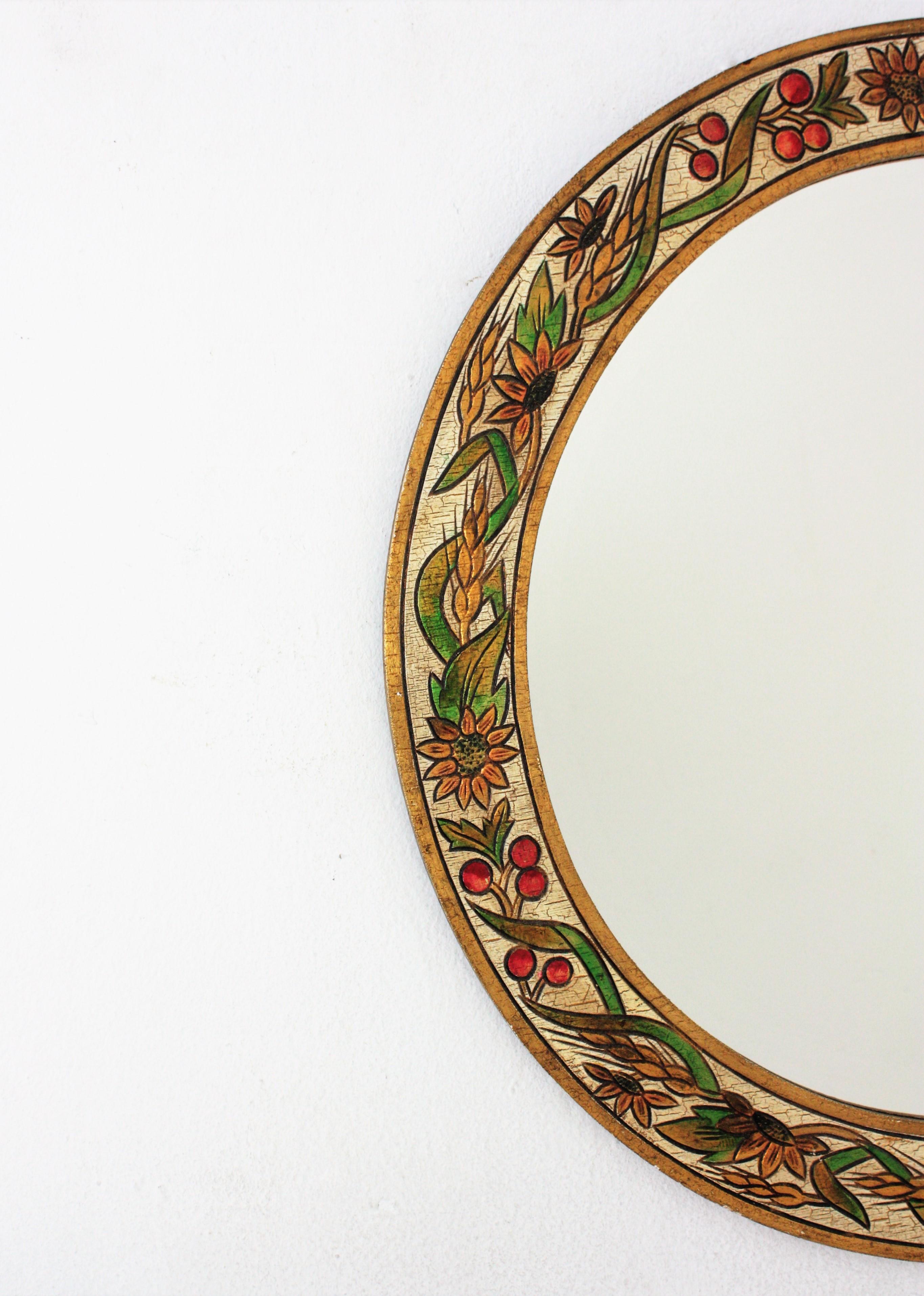 Spanish Round Wall Mirror in Polychrome Wood, 1960s For Sale
