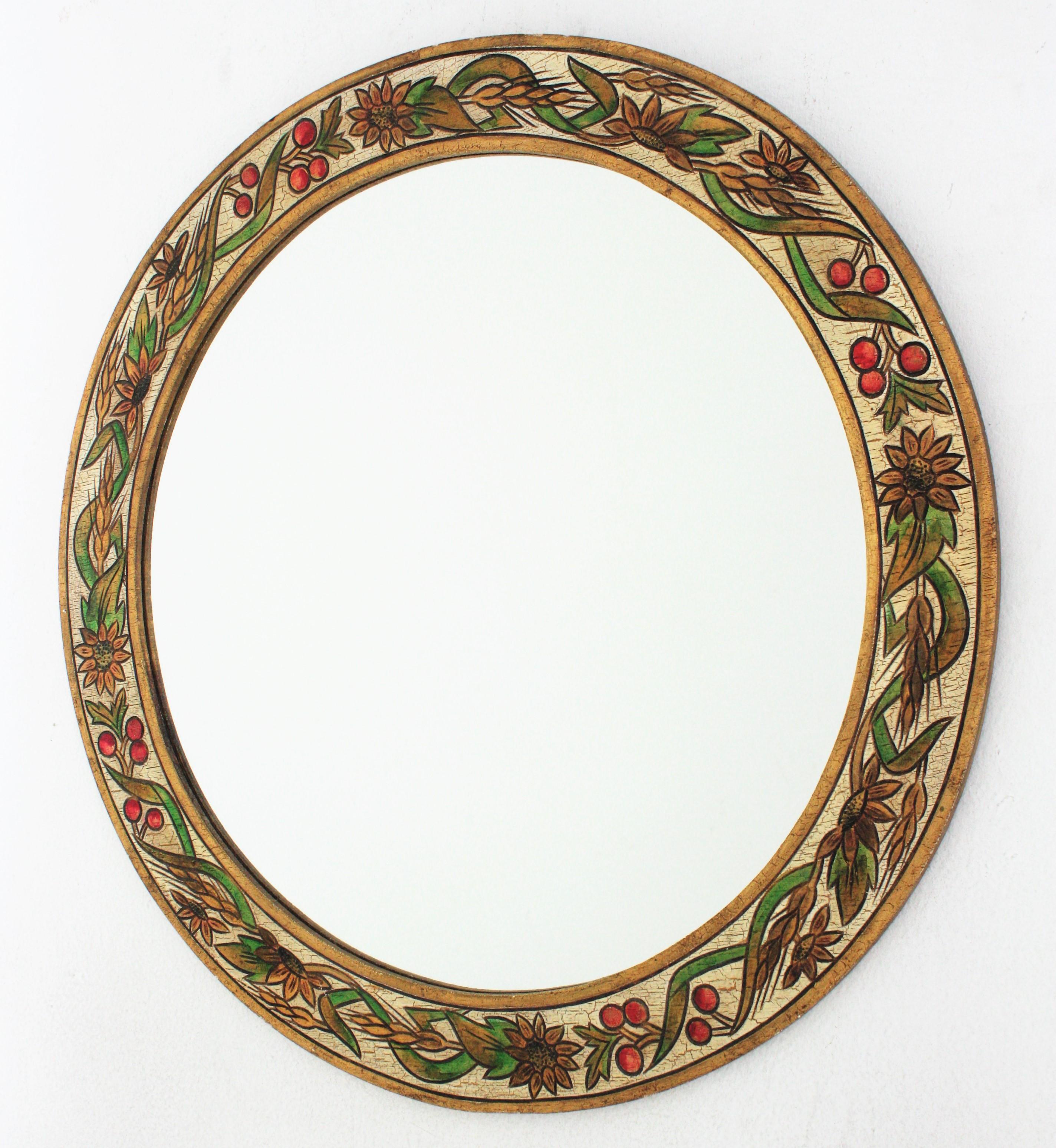 20th Century Round Wall Mirror in Polychrome Wood, 1960s For Sale