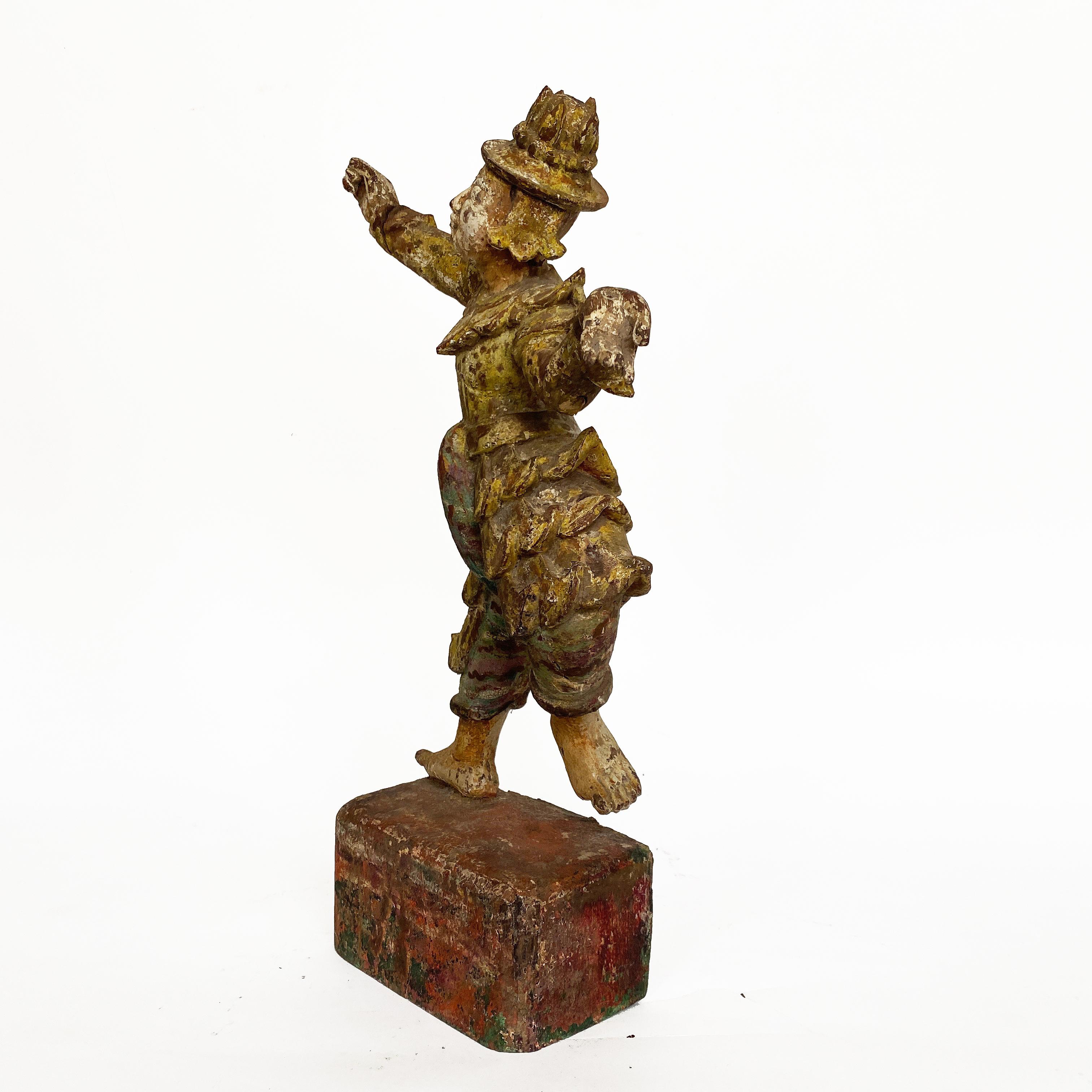 Hand-Carved Polychrome Wood Thai Dancer, 19th Century For Sale