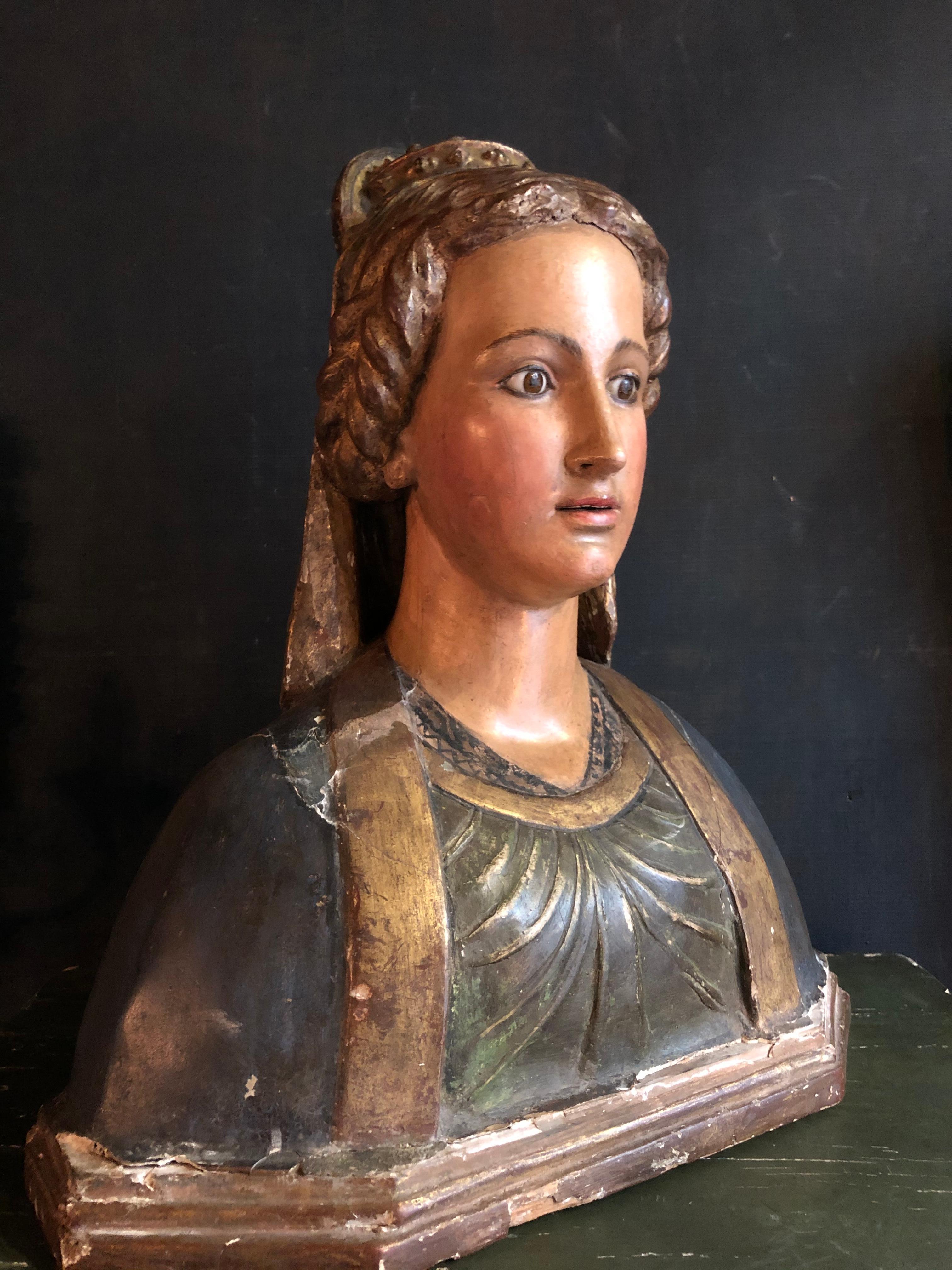 Painted Polychrome Wooden Bust of a Roman Patrician For Sale