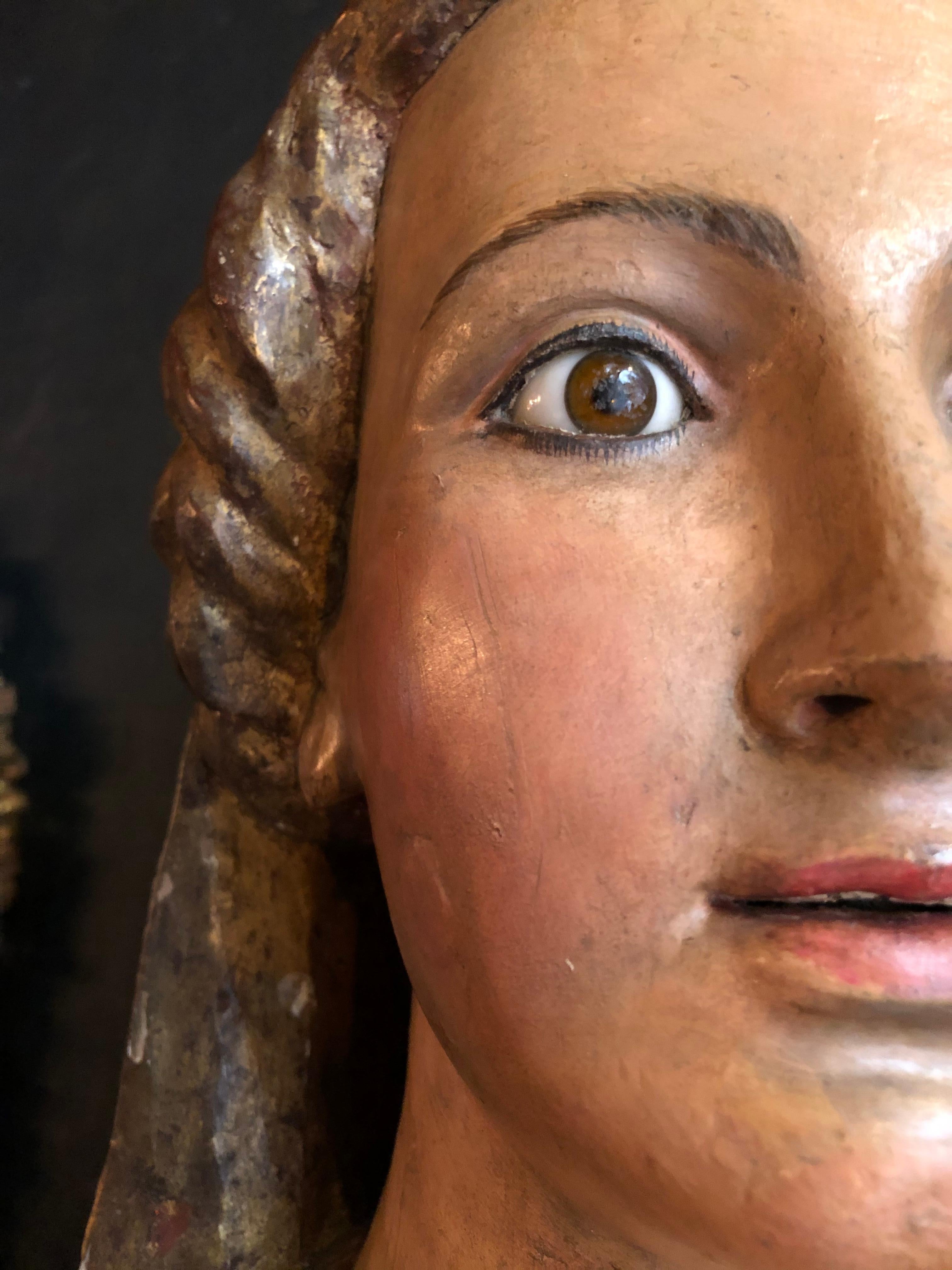 19th Century Polychrome Wooden Bust of a Roman Patrician For Sale