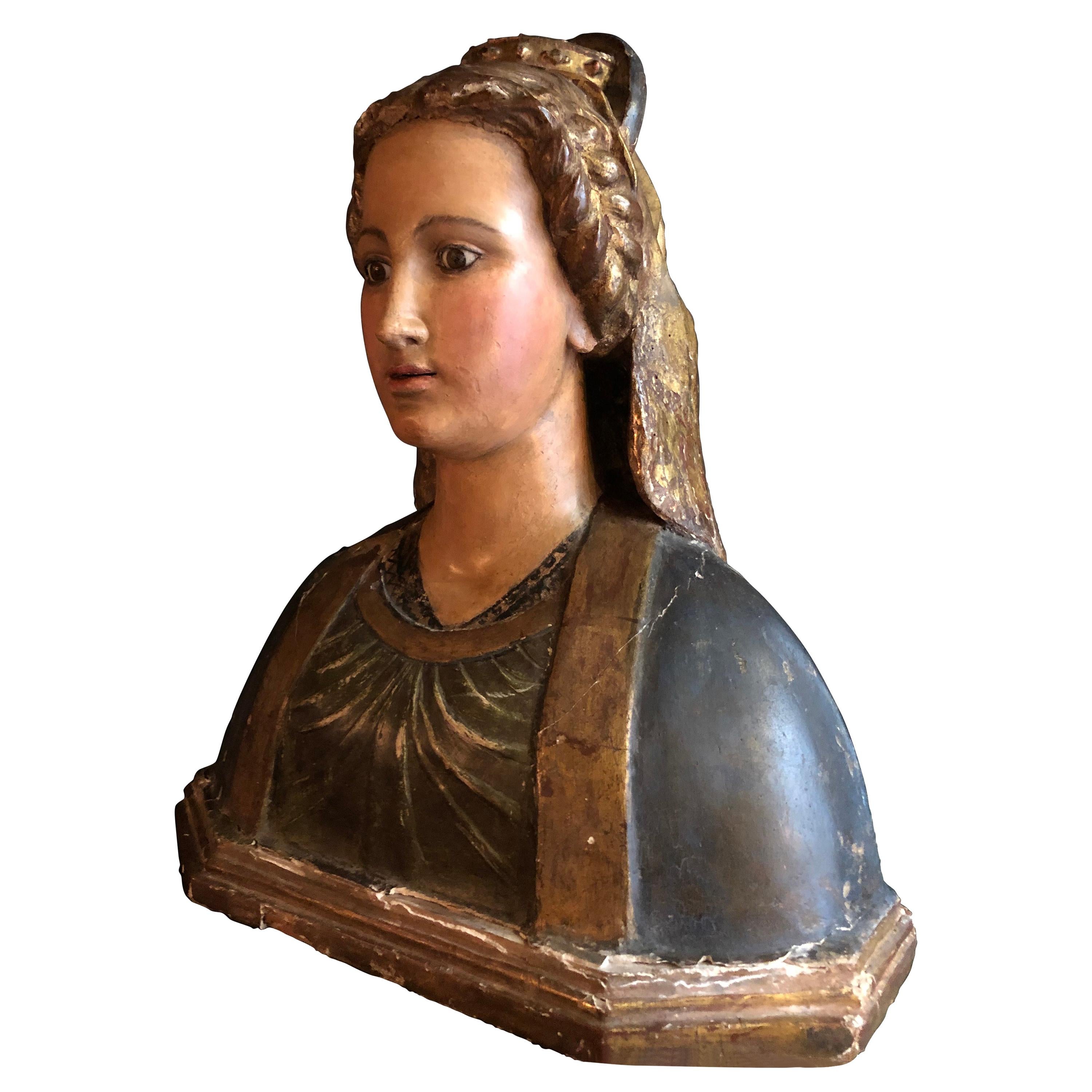 Polychrome Wooden Bust of a Roman Patrician For Sale