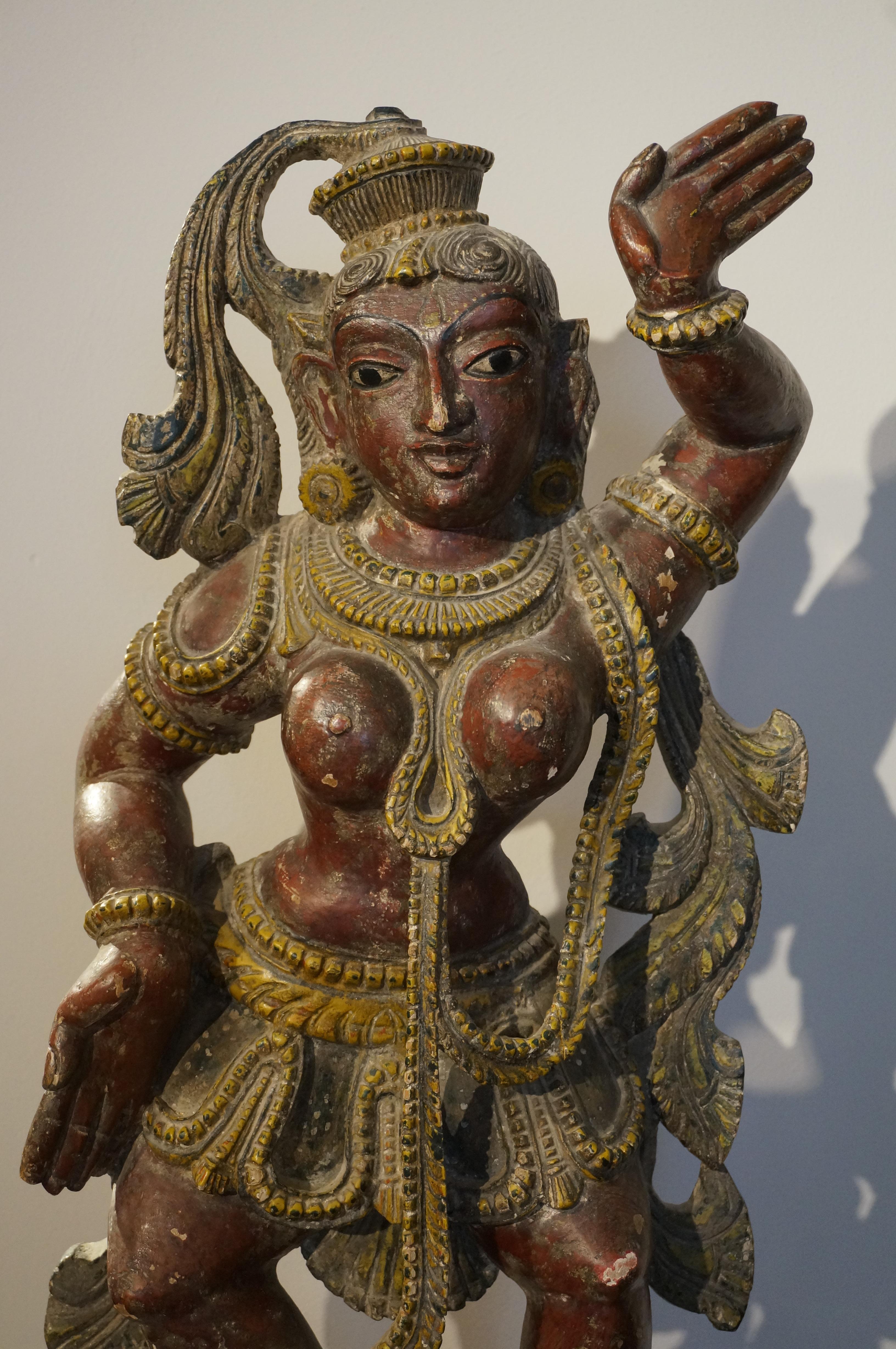 Indian Polychrome wooden Hindu sculpture of a celestial dancer, India, 19th century. For Sale