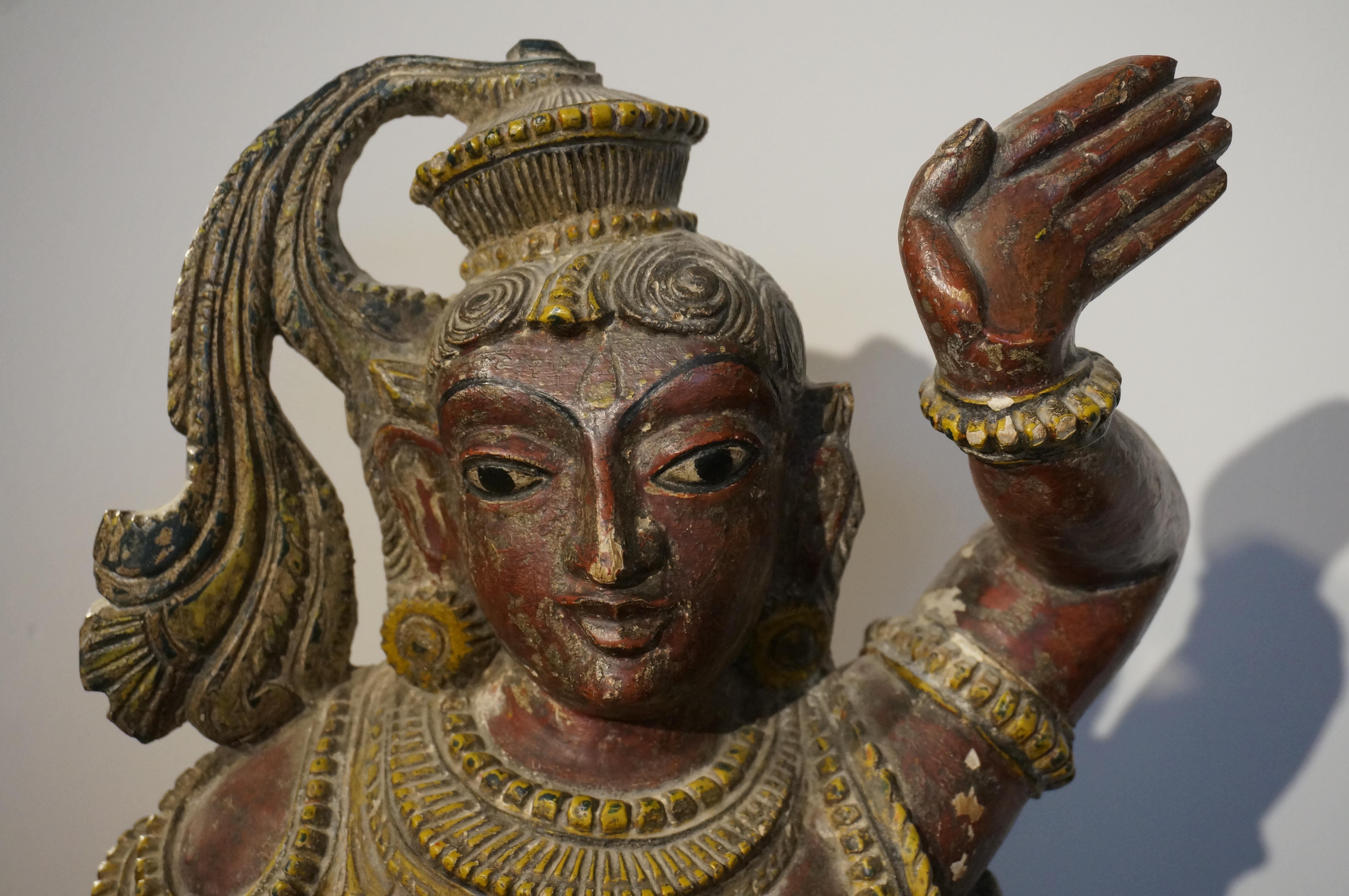 Polychrome wooden Hindu sculpture of a celestial dancer, India, 19th century. In Good Condition For Sale In DEVENTER, NL