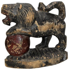 Polychrome Wooden Lion on Red Ball Carving, 19th Century