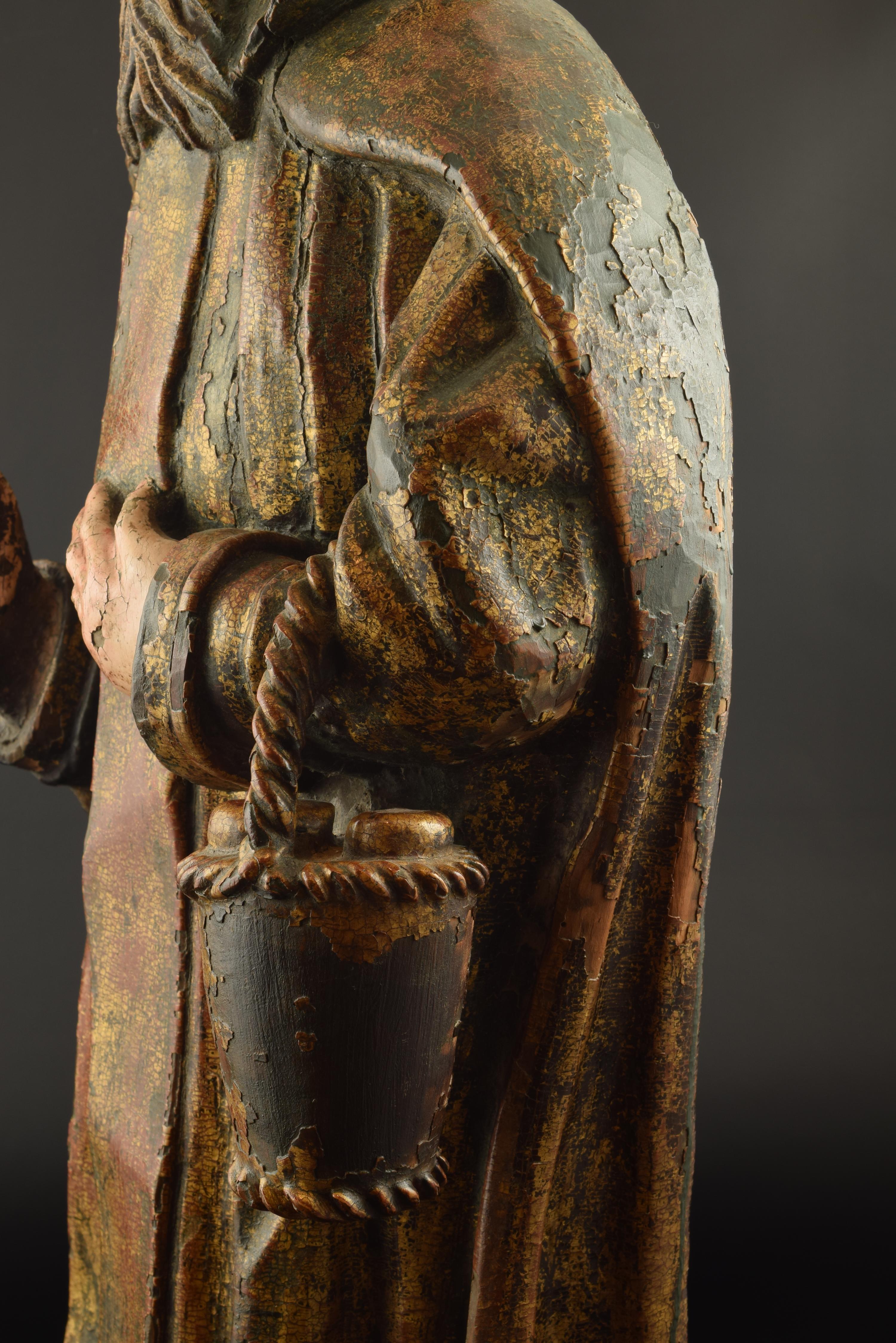 Polychrome Wooden Sculpture Possibly Saint Fiacre, 16th Century In Fair Condition In Madrid, ES