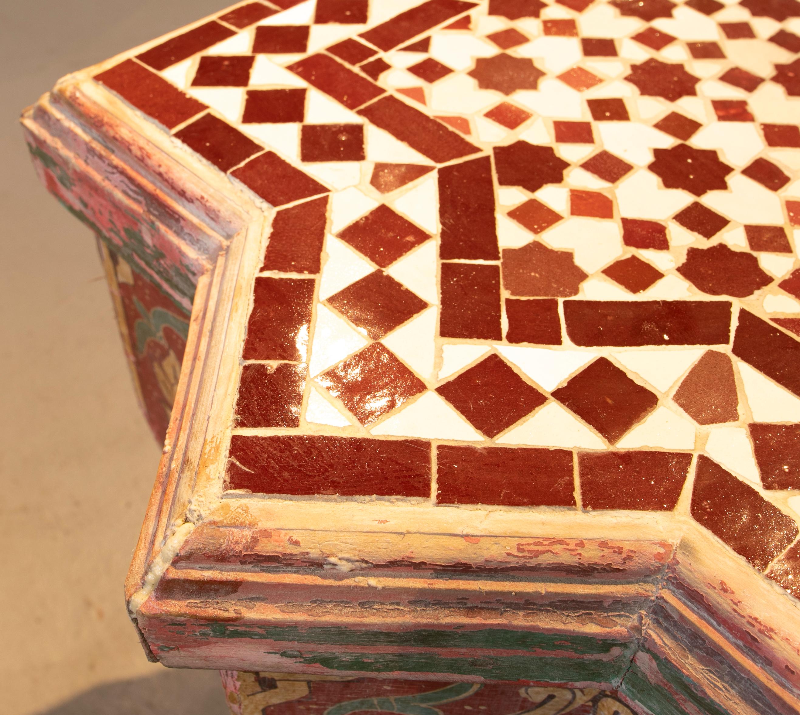 Polychrome Wooden Side Table with Tiled Top 4