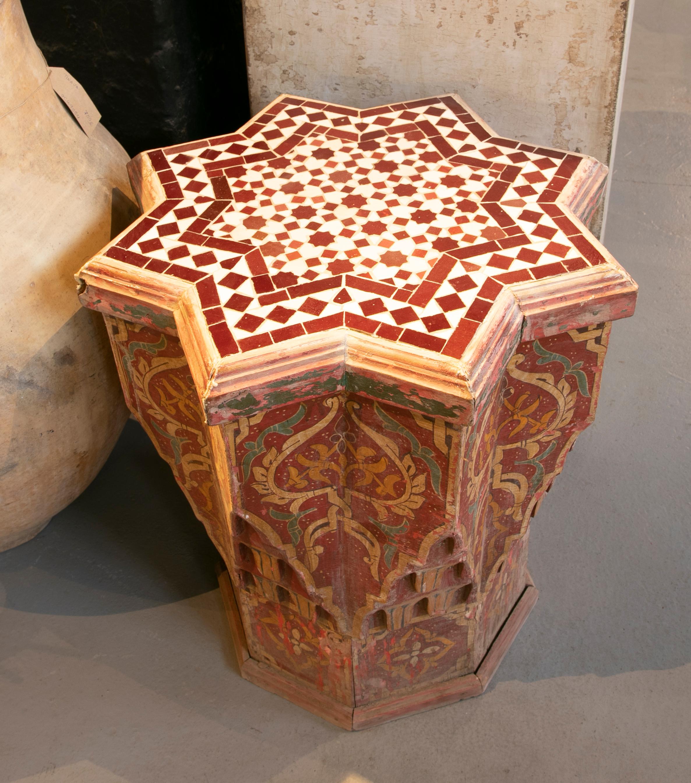 Moroccan Polychrome Wooden Side Table with Tiled Top