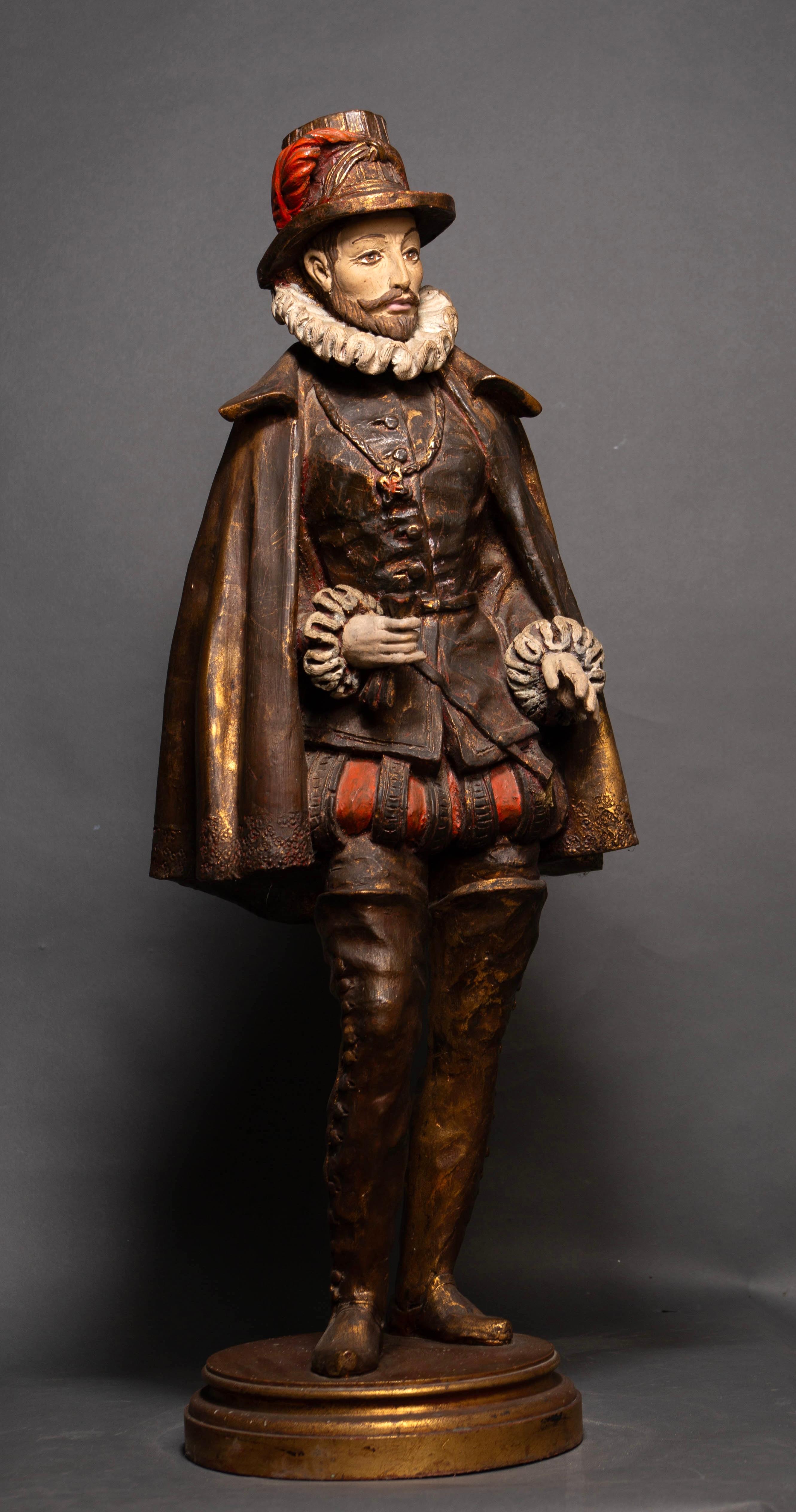 Statua in legno policromo, Nobile di corte del Rinascimento francese, XIX secolo in vendita 11
