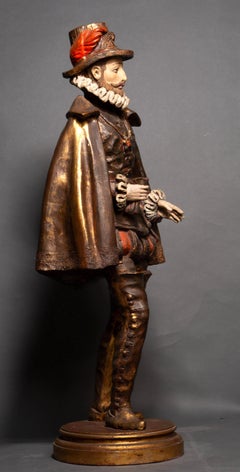 Statue en bois polychrome, noble de la cour de la French Renaissance, 19e siècle