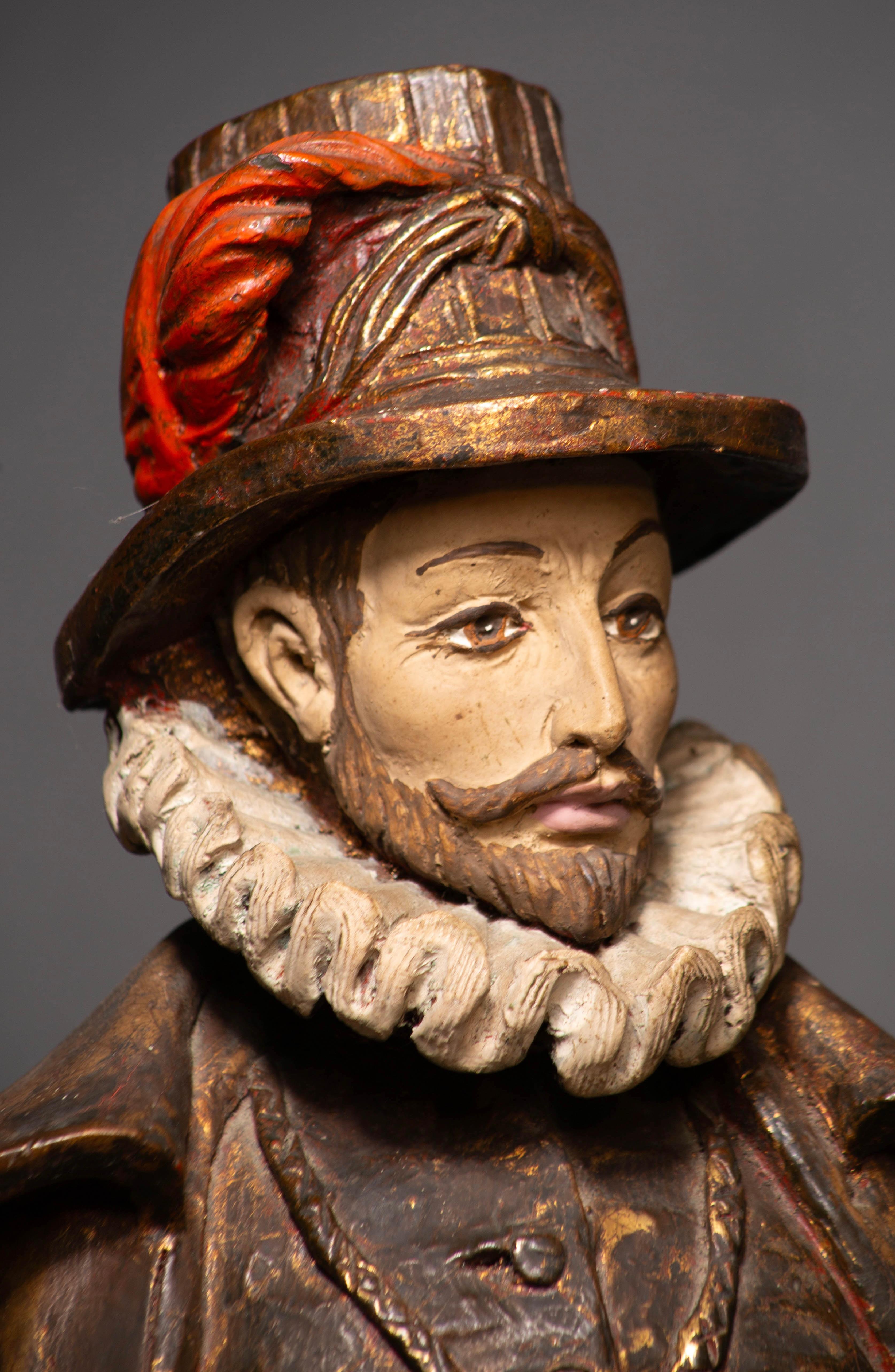 Statua in legno policromo, Nobile di corte del Rinascimento francese, XIX secolo in vendita 1