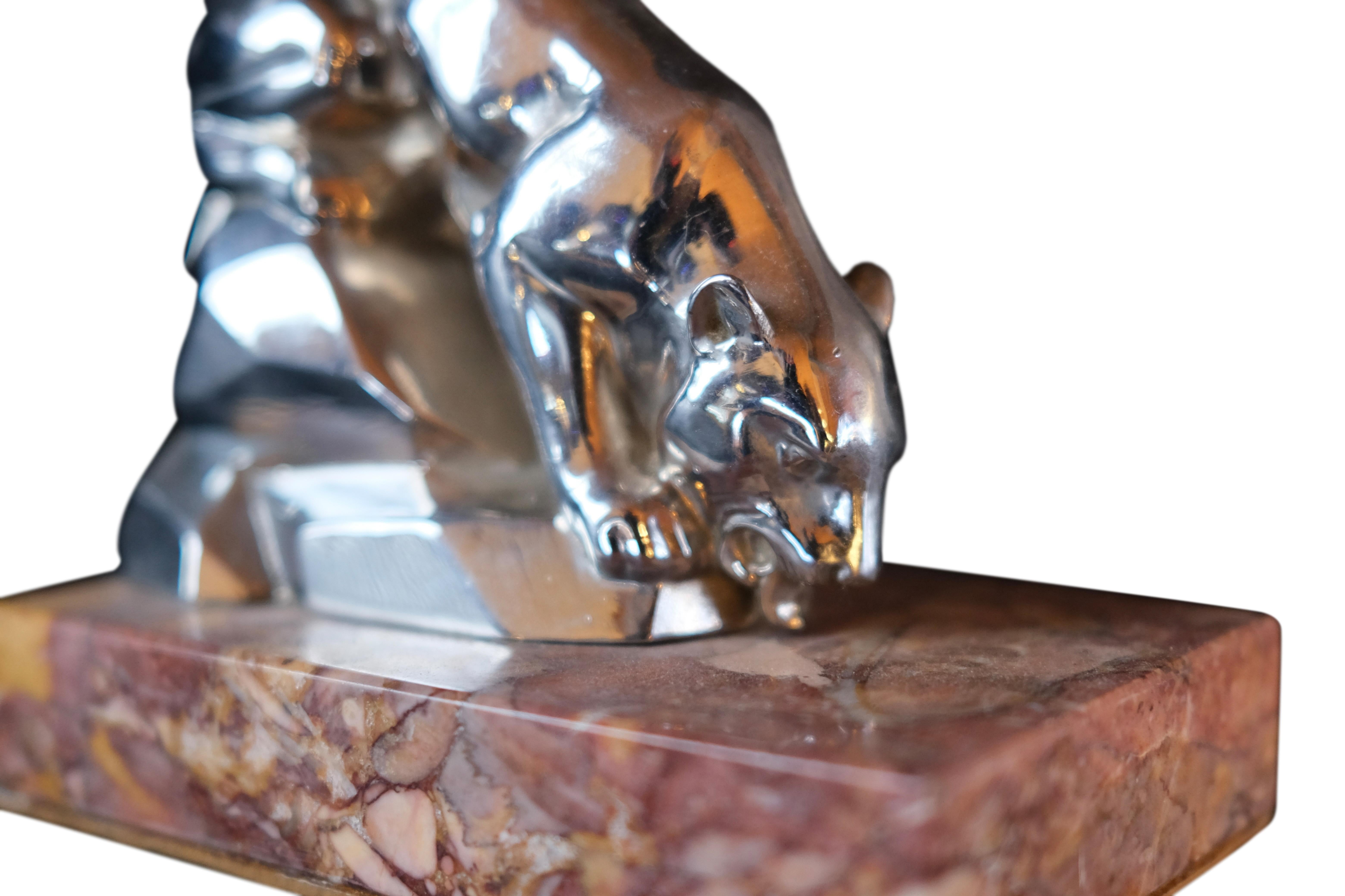 Polychromed Art Deco Bookends with Drinking Panthers on Red Marble, France 1930s In Good Condition For Sale In Ulm, DE