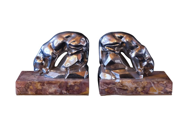 Mid-20th Century Polychromed Art Deco Bookends with Drinking Panthers on Red Marble, France 1930s For Sale