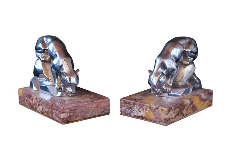 Bronze Polychromed Art Deco Bookends with Drinking Panthers on Red Marble, France 1930s For Sale