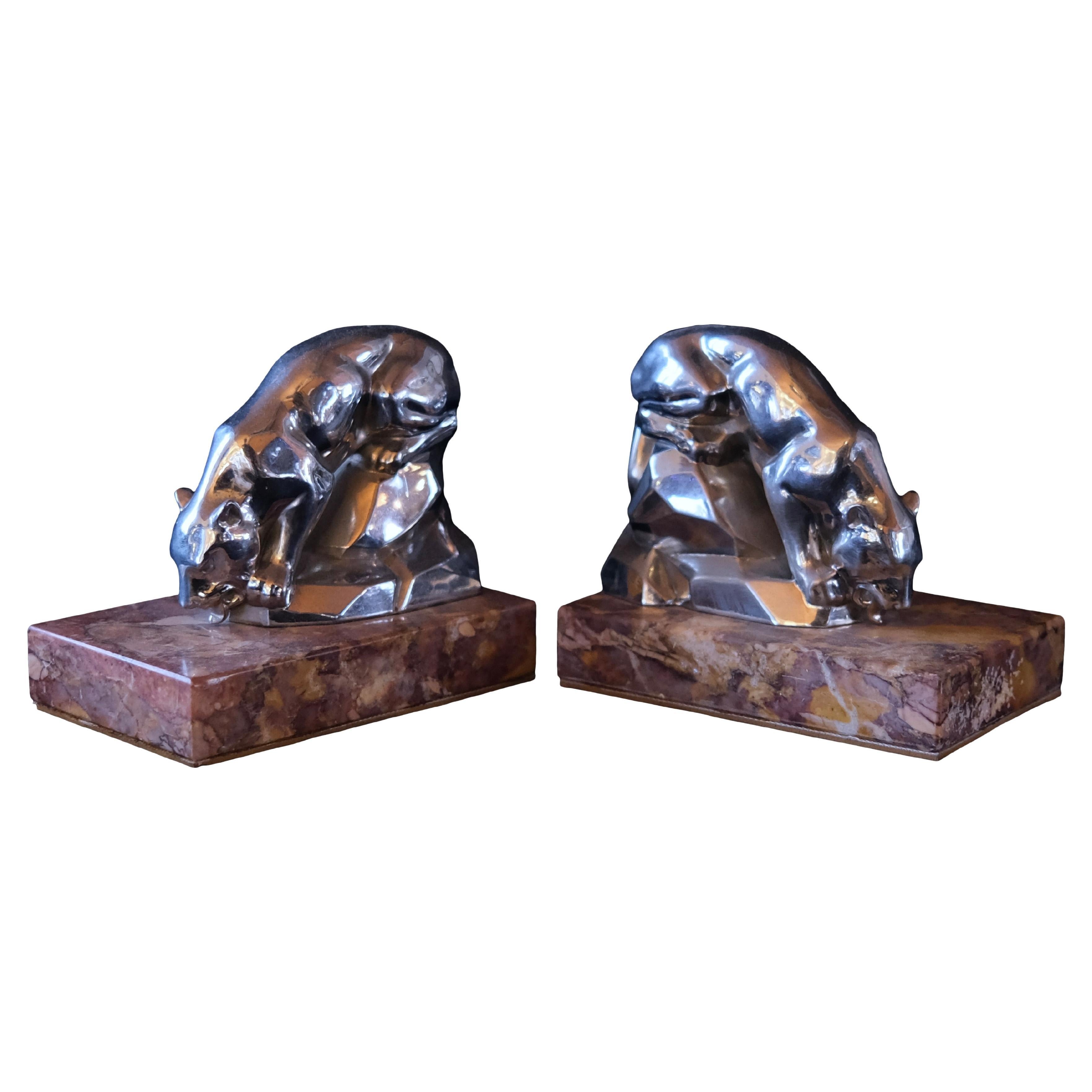 Polychromed Art Deco Bookends with Drinking Panthers on Red Marble, France 1930s