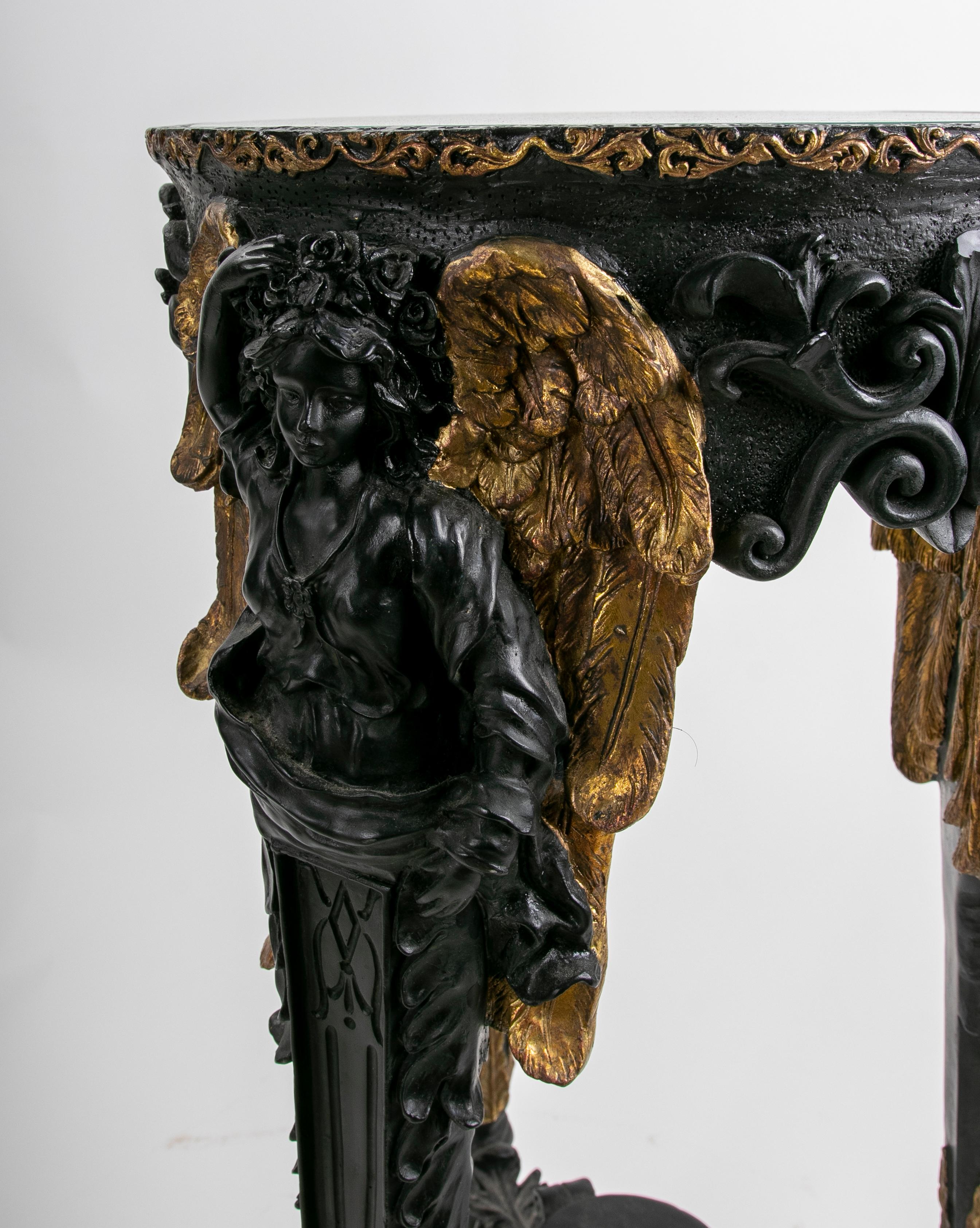 Polychromed Bronze Side Table with Winged Women on the Legs For Sale 1