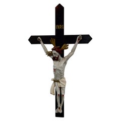 Polychromed Jesus Christ on a Wooden Cross INRI