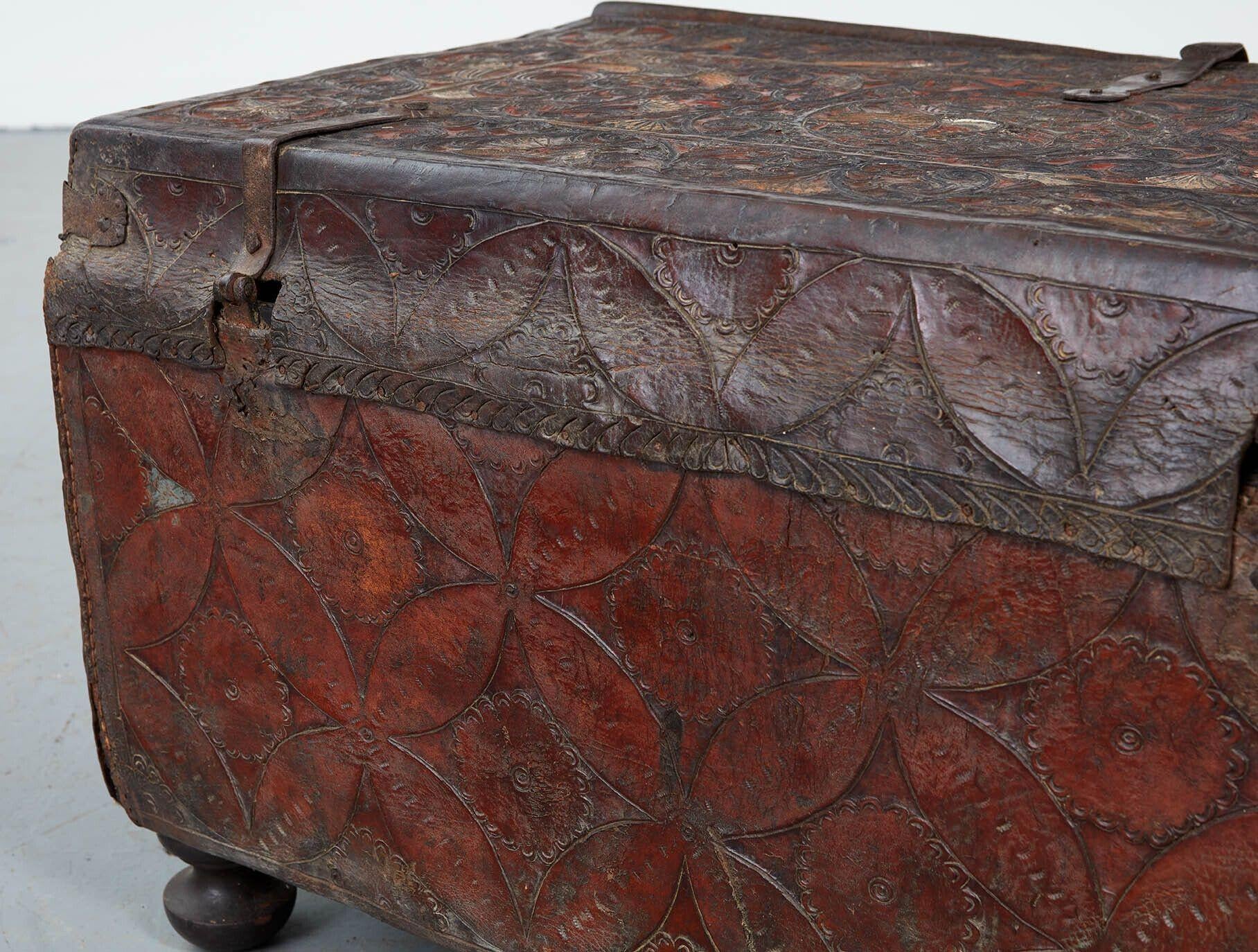 Polychromed Spanish Colonial Leather Trunk For Sale 9