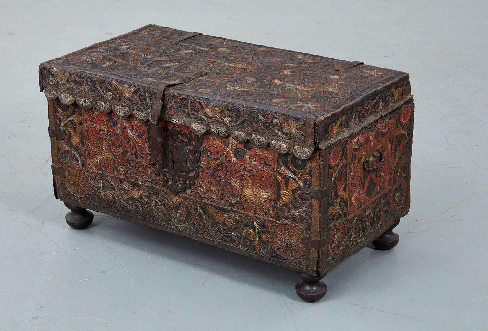 Peruvian Polychromed Spanish Colonial Leather Trunk For Sale