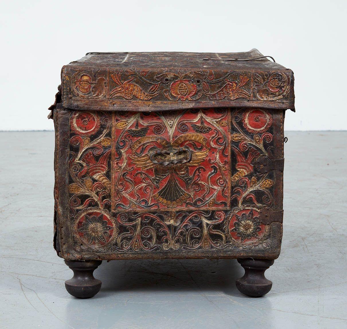 18th Century Polychromed Spanish Colonial Leather Trunk For Sale