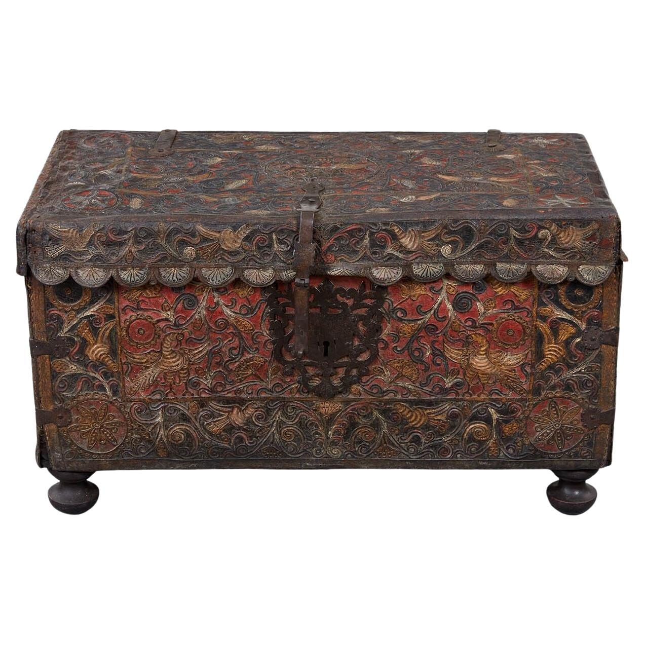 Polychromed Spanish Colonial Leather Trunk For Sale