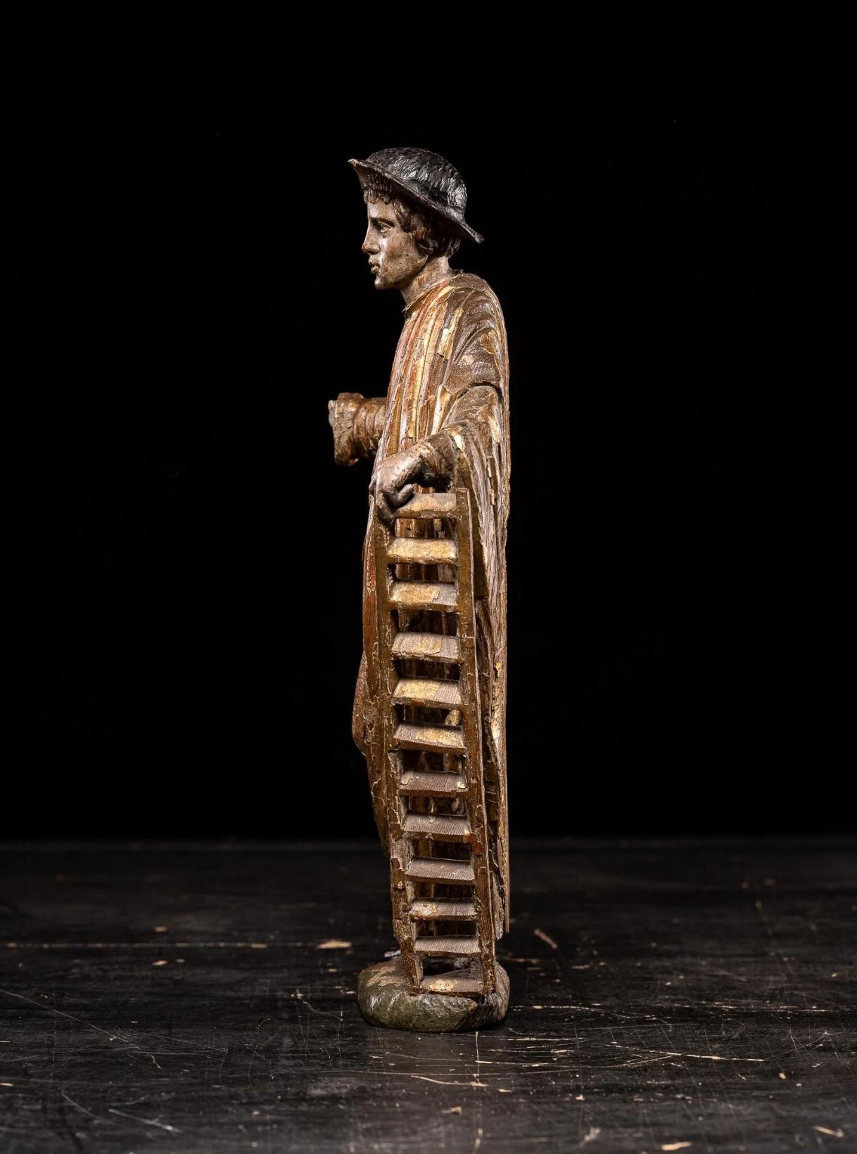 Polychromierte Statue der Sint Alexis aus Edessa. Flämische Schule, Belgien (Holz) im Angebot