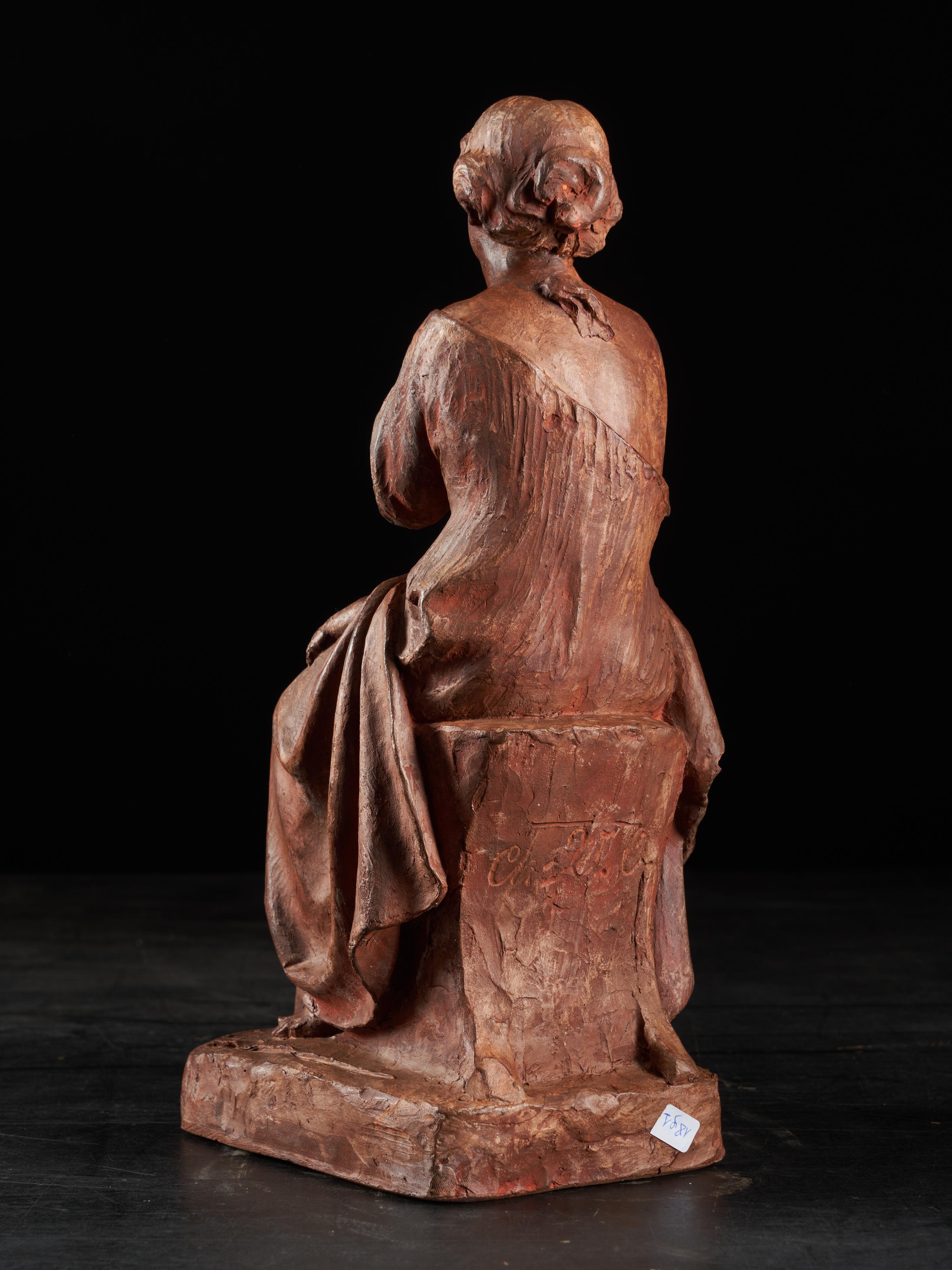 Belgian Polychromed Terracotta Signed Statue of a Woman and Child For Sale