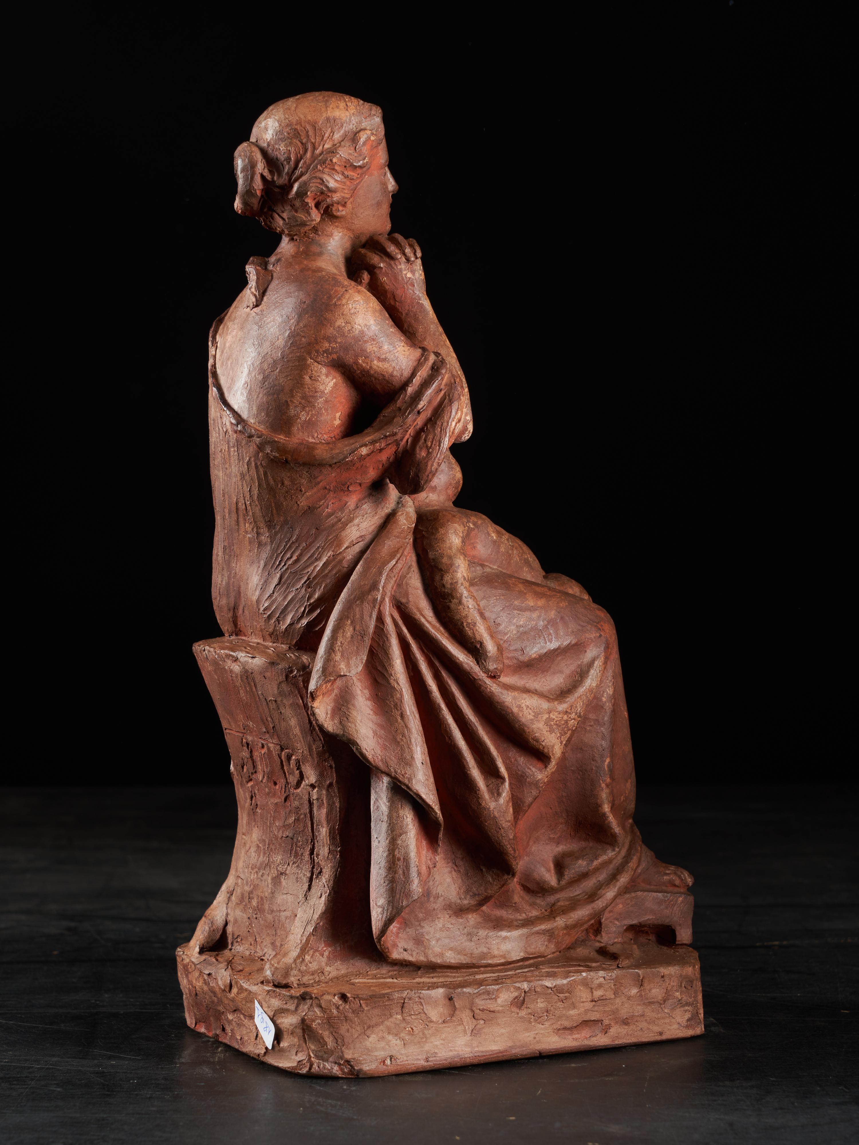 Hand-Carved Polychromed Terracotta Signed Statue of a Woman and Child For Sale