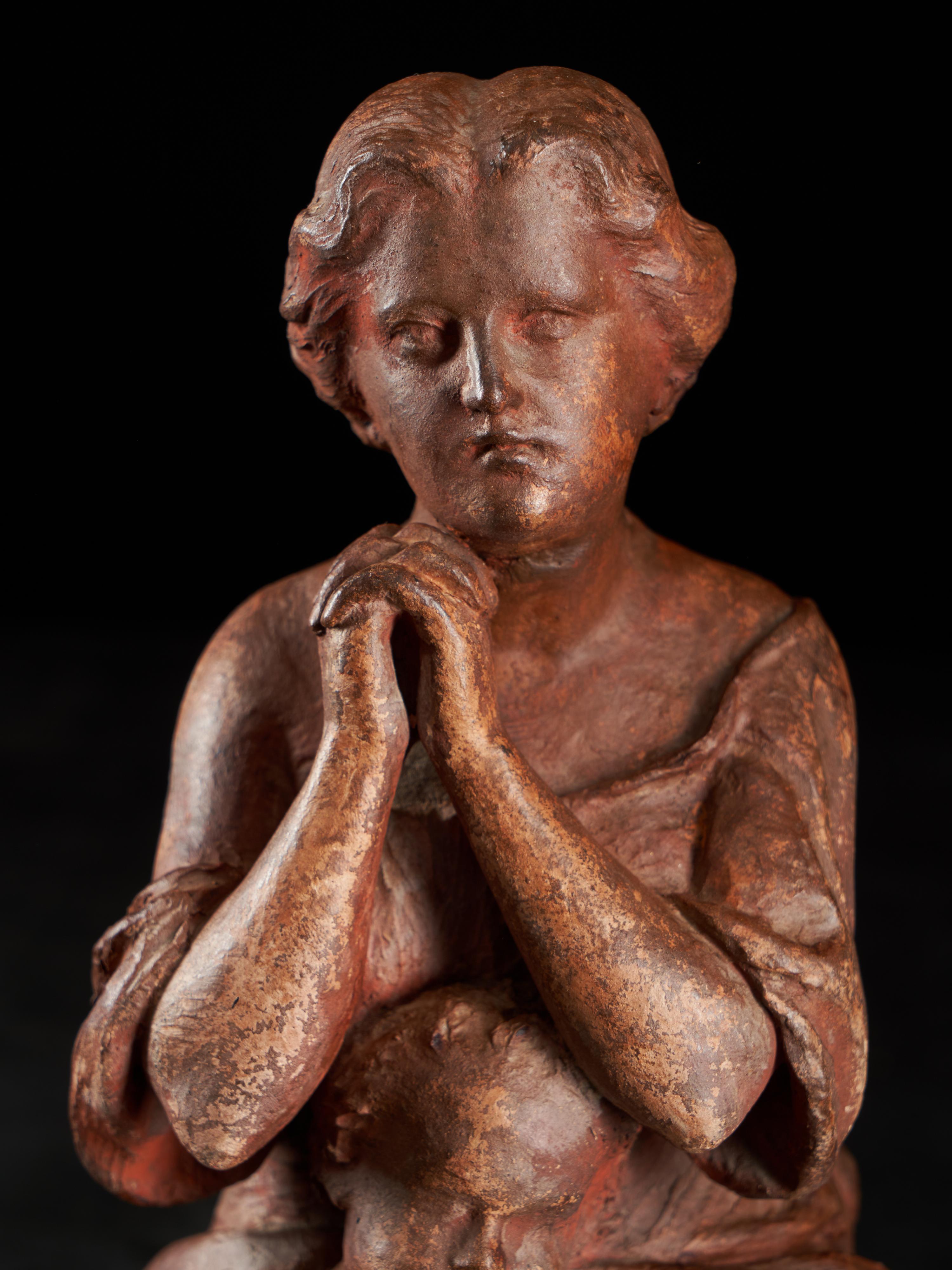 Early 20th Century Polychromed Terracotta Signed Statue of a Woman and Child