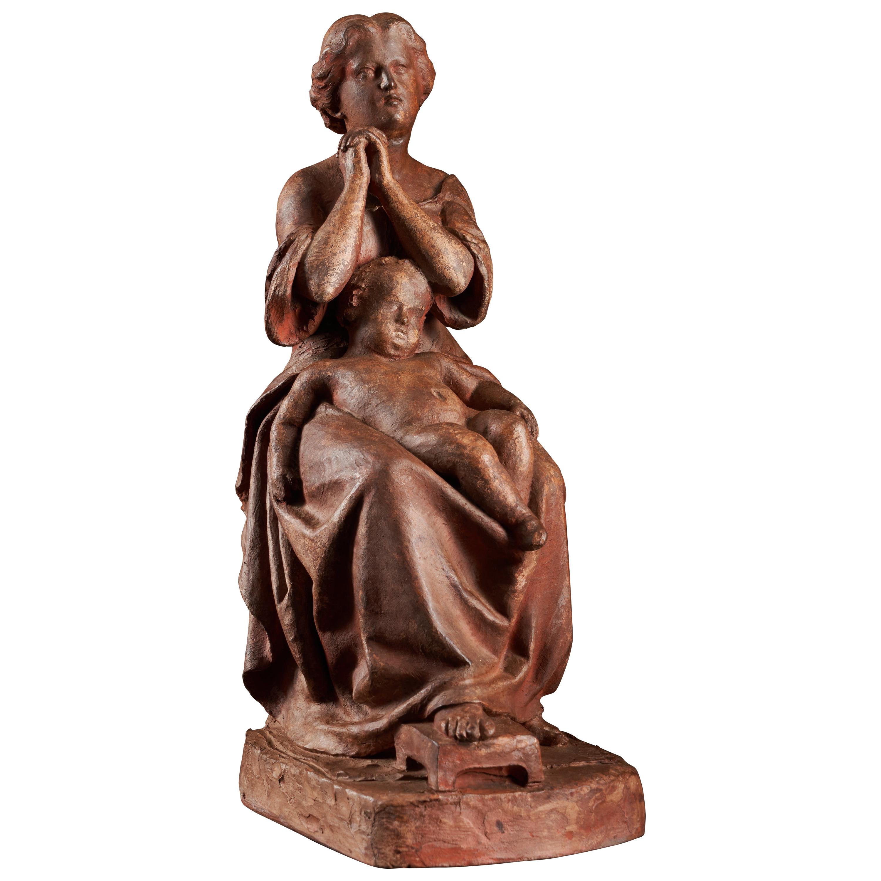 Polychromed Terracotta Signed Statue of a Woman and Child For Sale