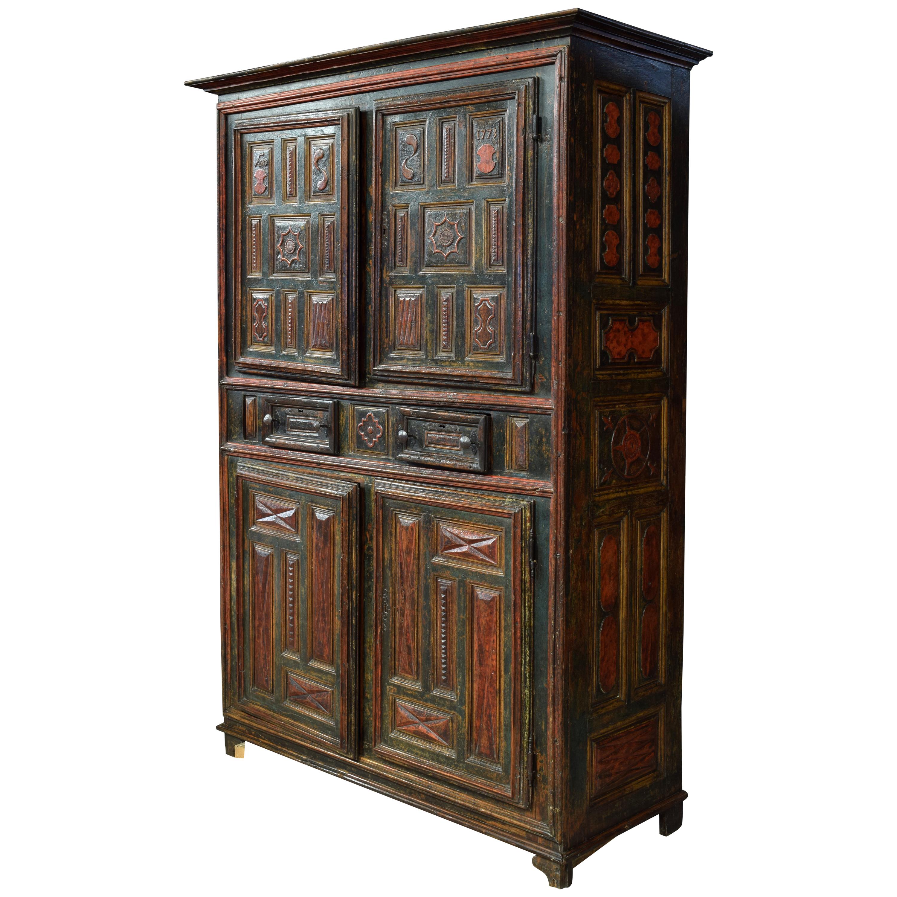 Polychromed Wood and Iron Cupboard. Spain, 1773. Dated
