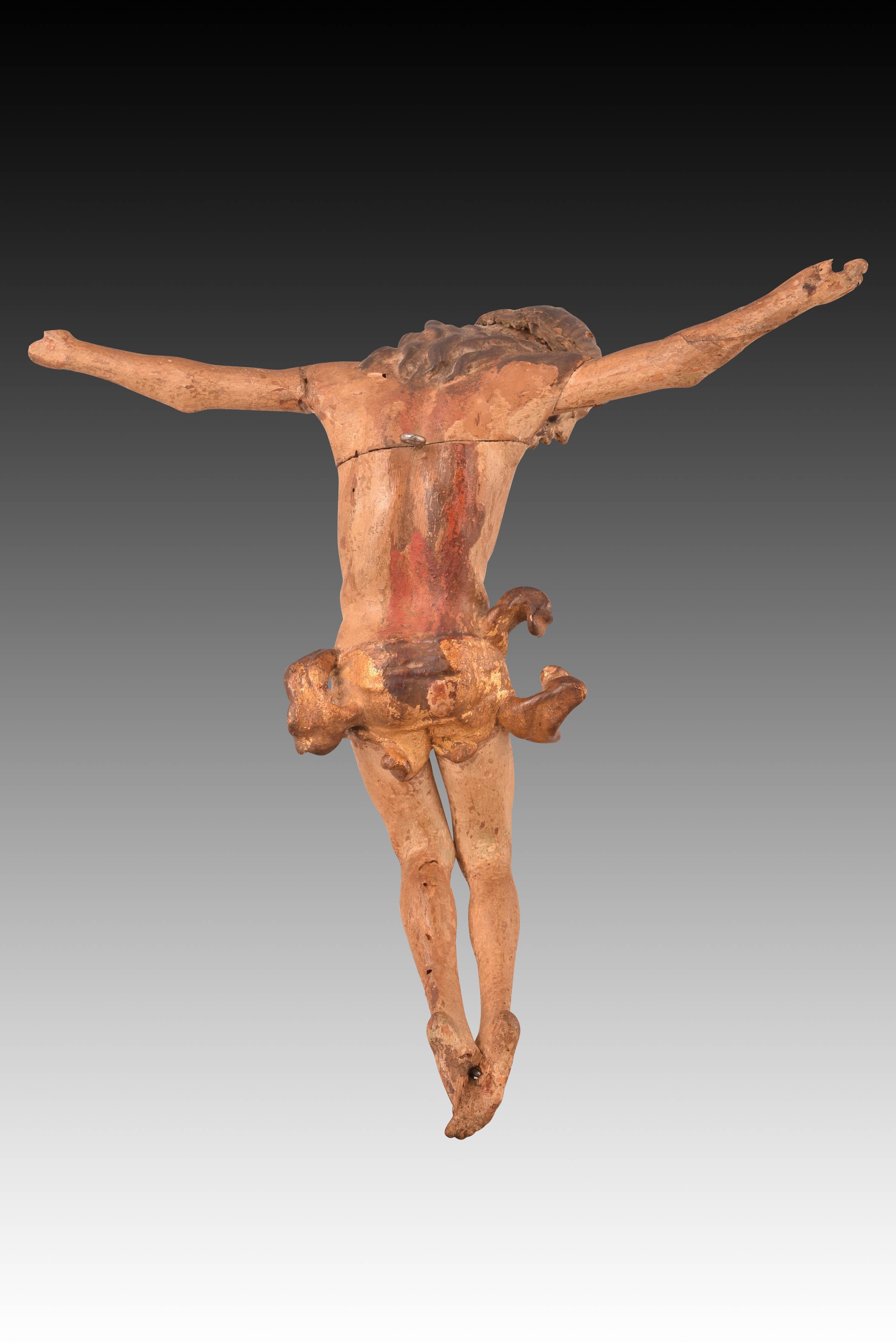 Crucified Christ. Polychrome wood. Flemish school, Mechelen, 16th century.
 It has faults. 
Polychrome wood carving that shows the deceased Christ (eyes closed and head fallen) on the cross, with a small, golden purity cloth that reveals an anatomy