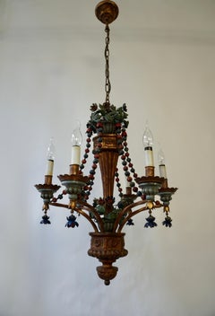 Polychromed Wood, Iron and Tole Italian Flower Chandelier
