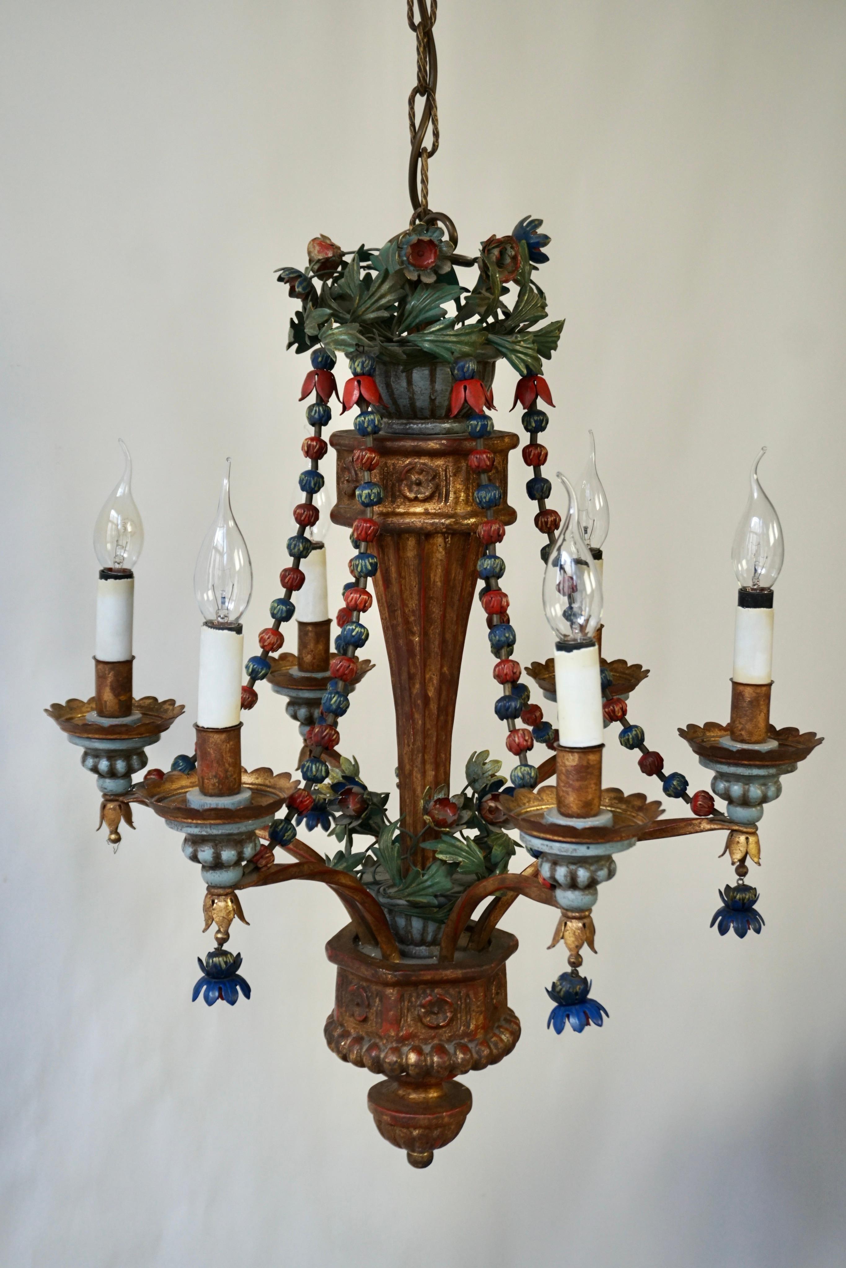 Mid-Century Modern Polychromed Wood, Iron and Tole Italian Flower Chandelier For Sale