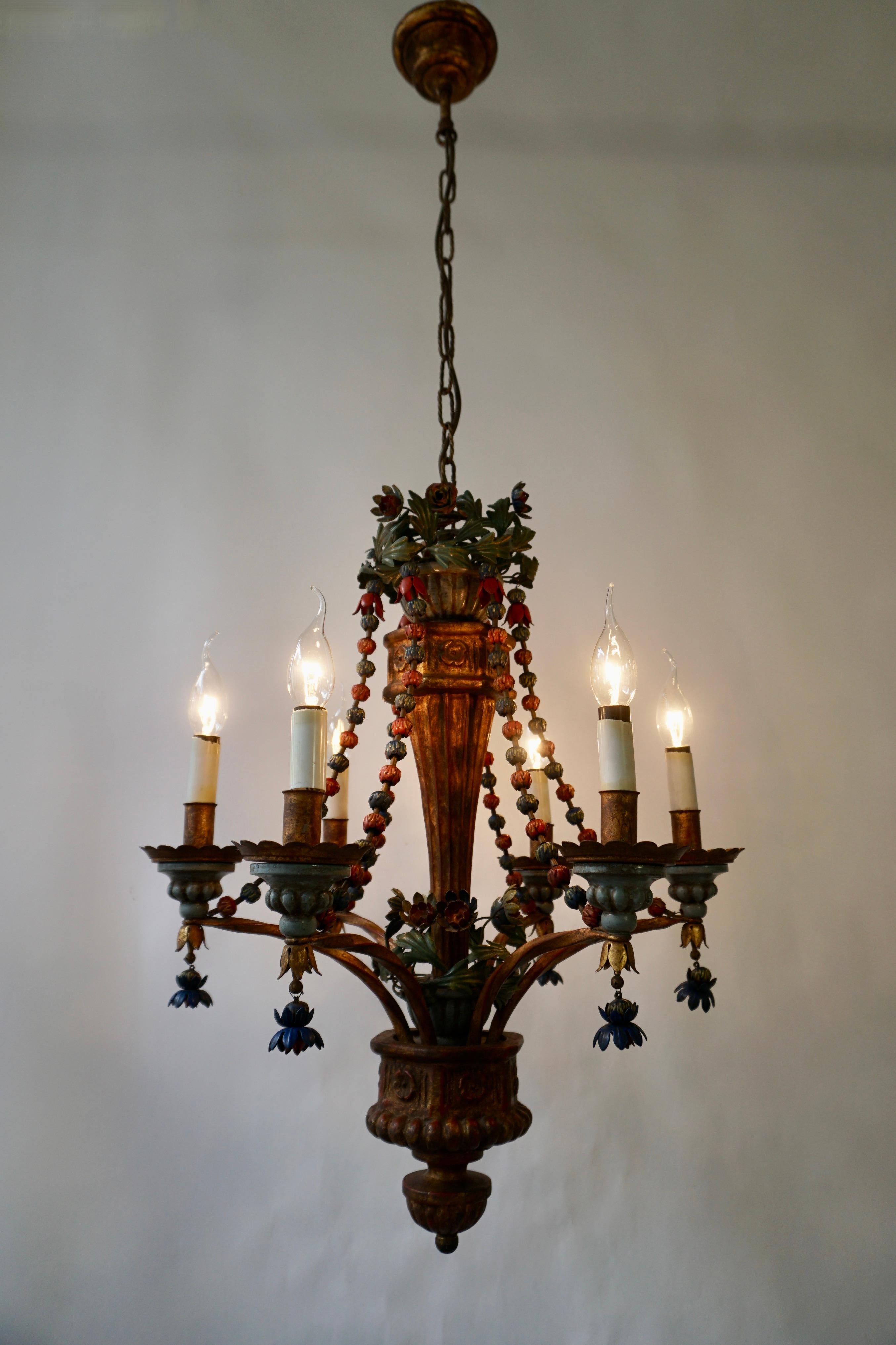 Painted Polychromed Wood, Iron and Tole Italian Flower Chandelier For Sale