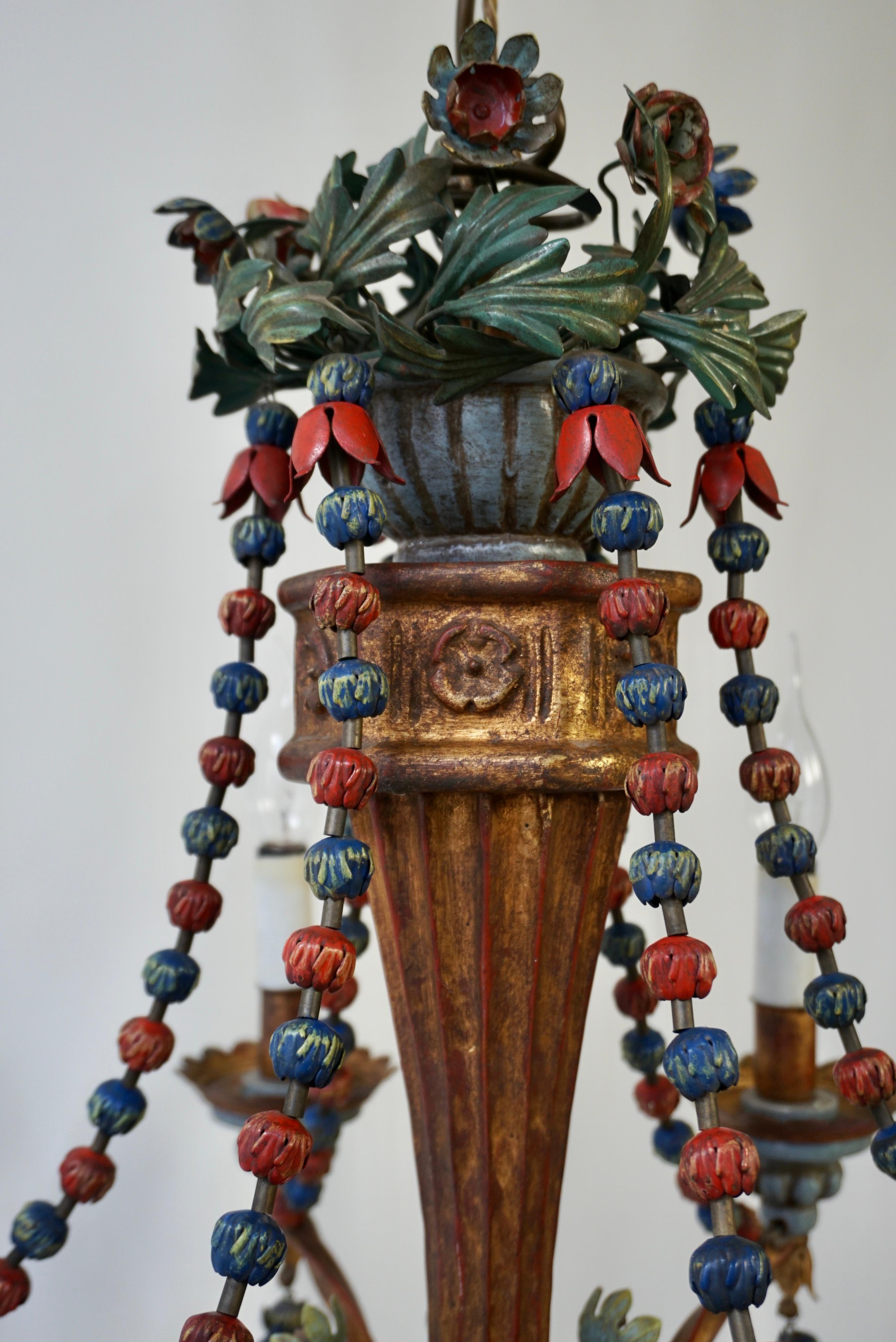 20th Century Polychromed Wood, Iron and Tole Italian Flower Chandelier For Sale
