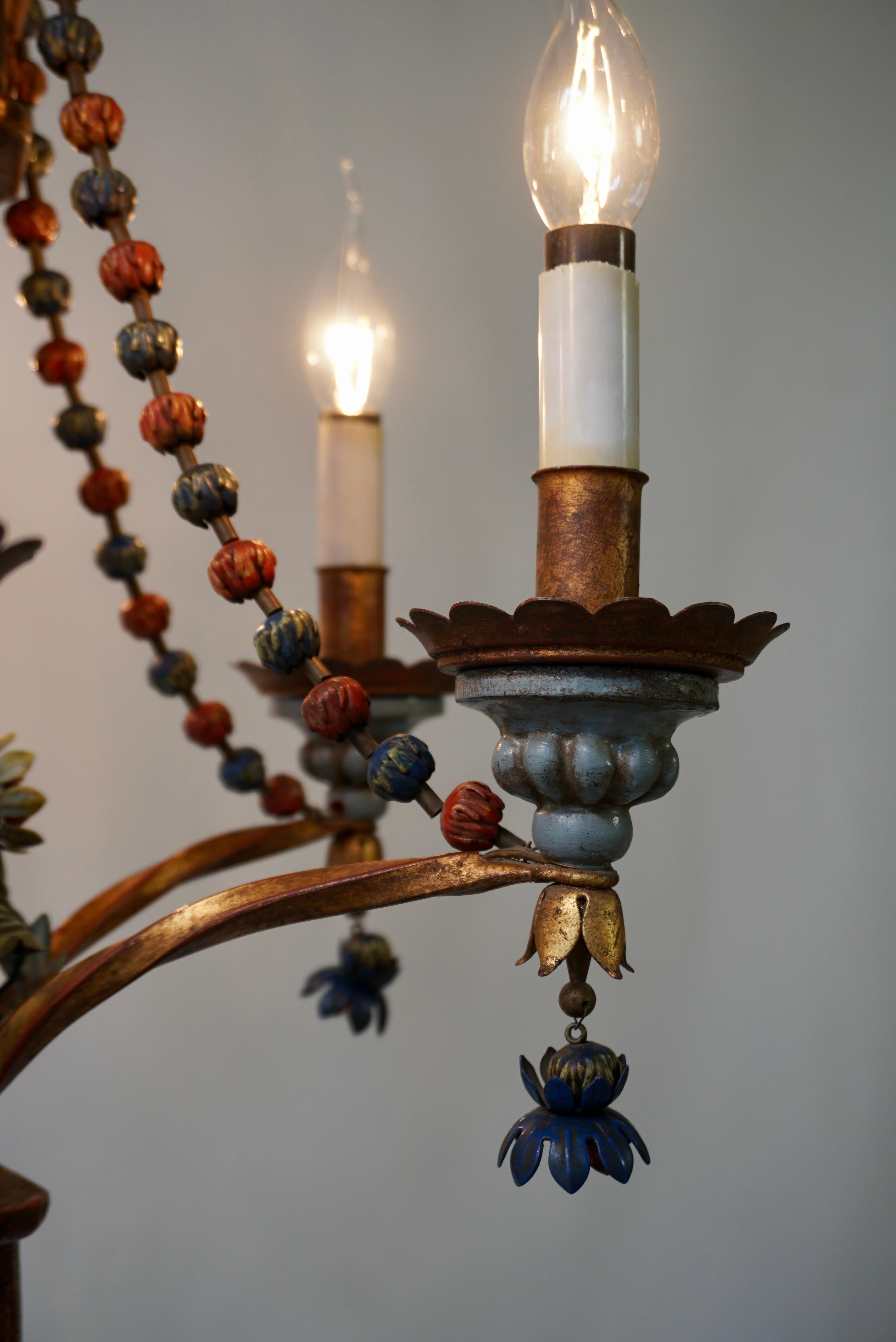 Polychromed Wood, Iron and Tole Italian Flower Chandelier For Sale 3