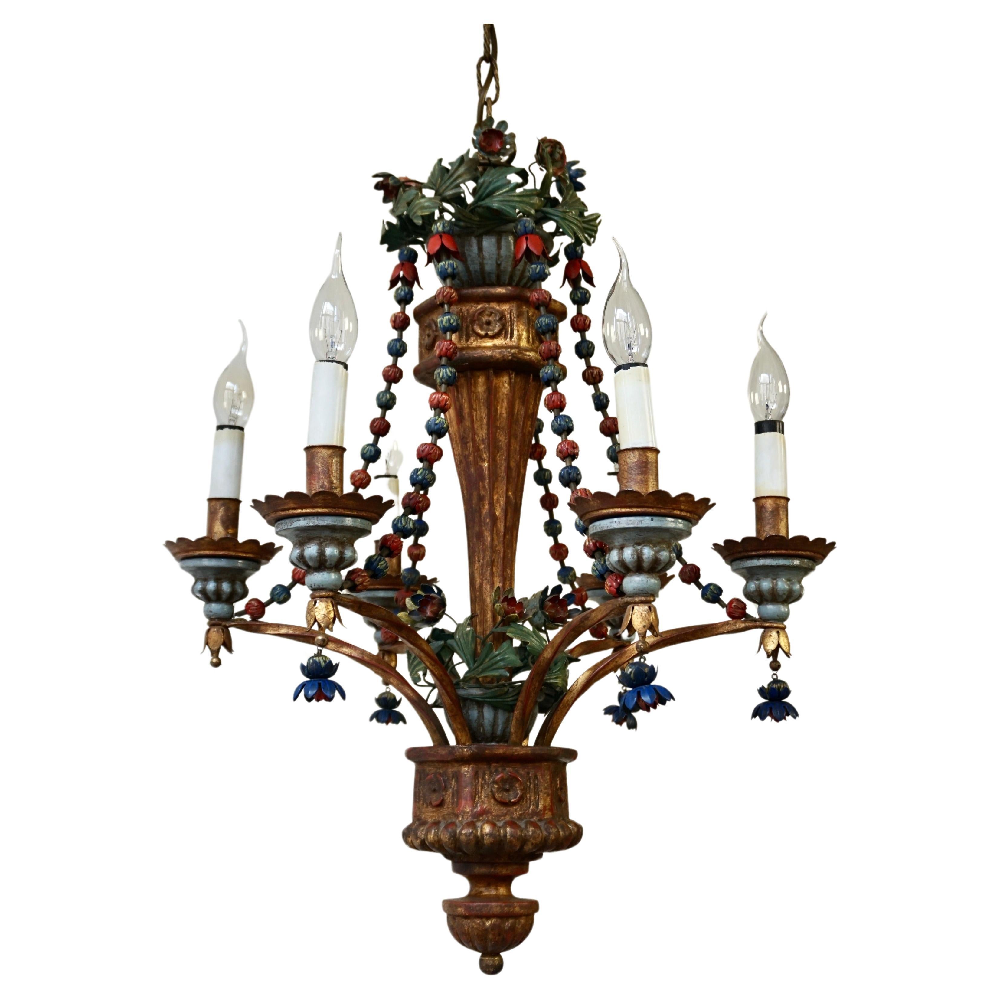 Polychromed Wood, Iron and Tole Italian Flower Chandelier For Sale