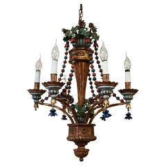 Polychromed Wood, Iron and Tole Italian Flower Chandelier