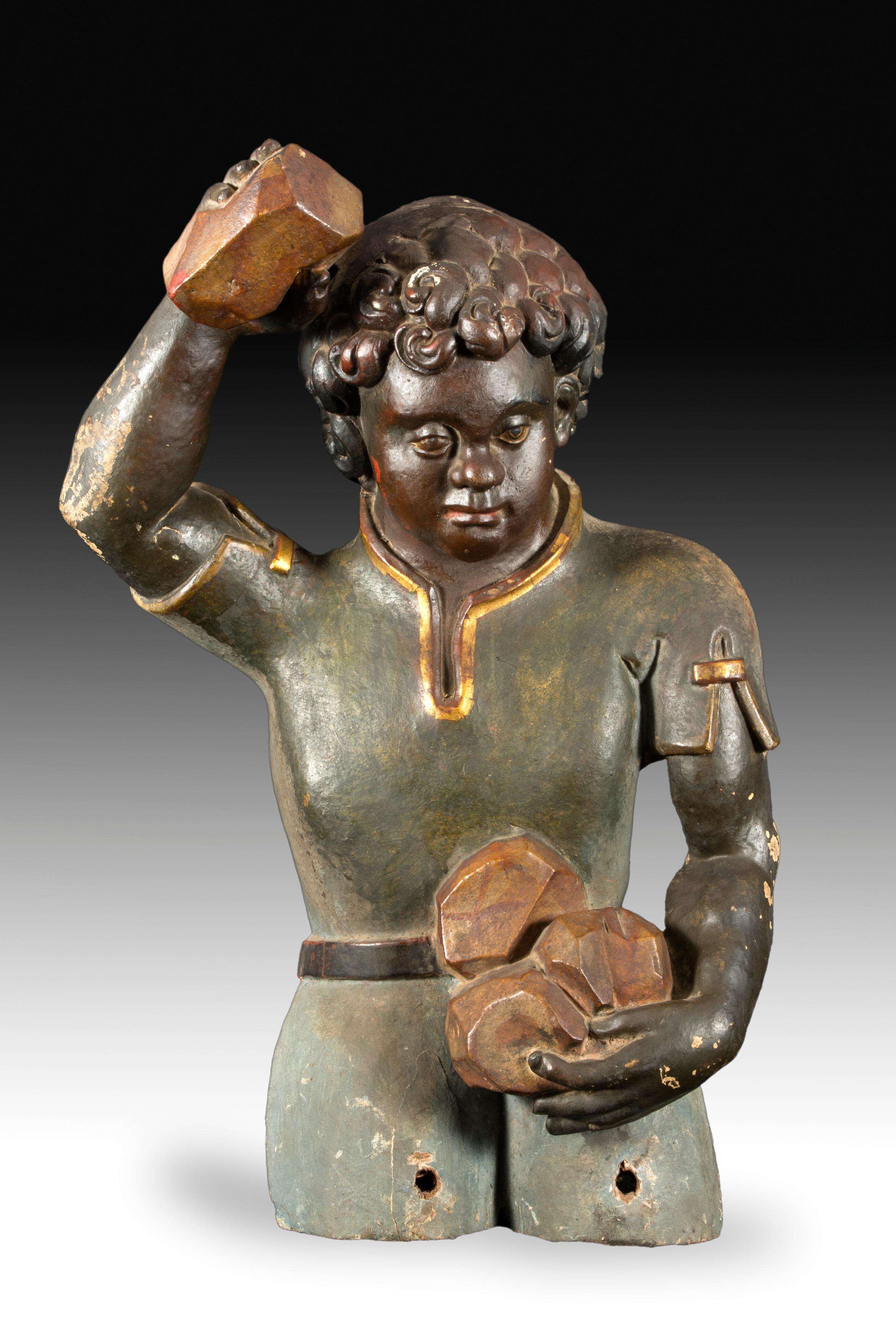 Male figure represented with the look down and throwing stones, with polychrome and original overdorado. The absence of carving on the back shows that it was part of an altarpiece, participating in subjects such as, for example, the Stoning of San