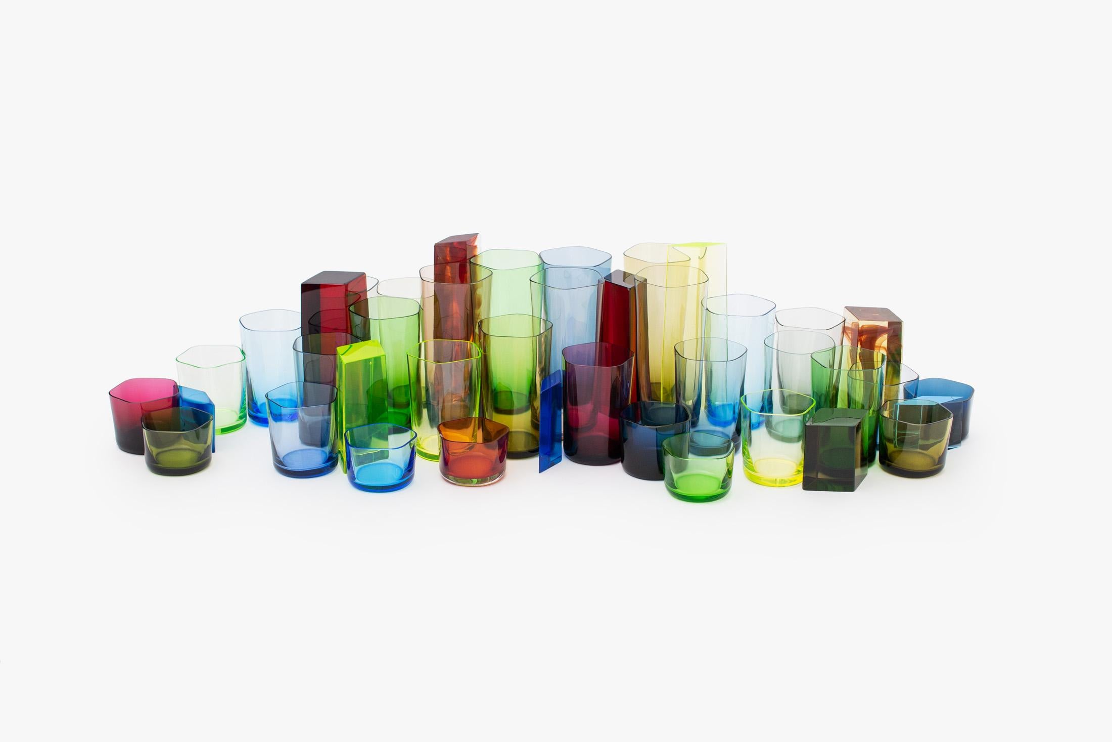 OAO Works Project 31.3 is a body of 41 individual glass elements designed to be arranged into a multiplicity of compositions. The forms of 31.3 Polygon Glassware can be traced back to two distinct sources: a mathematical query into geometric tiling