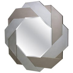 Miroir mural polygonal avec miroir tressé en verre fumé et transparent, 1970