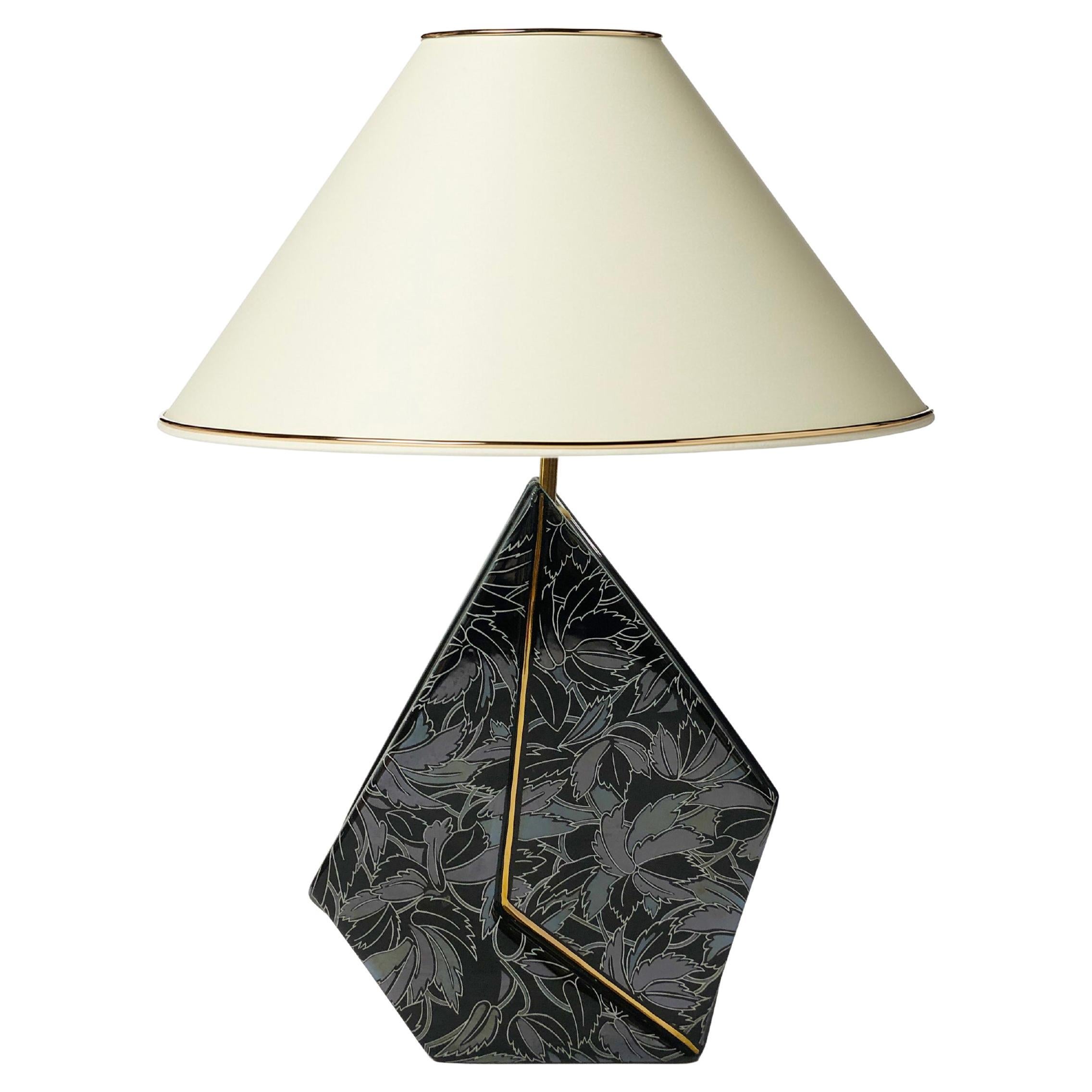 Polygonal Black Ceramic Iridescent Lamp 1980s Postmodern Vintage  For Sale