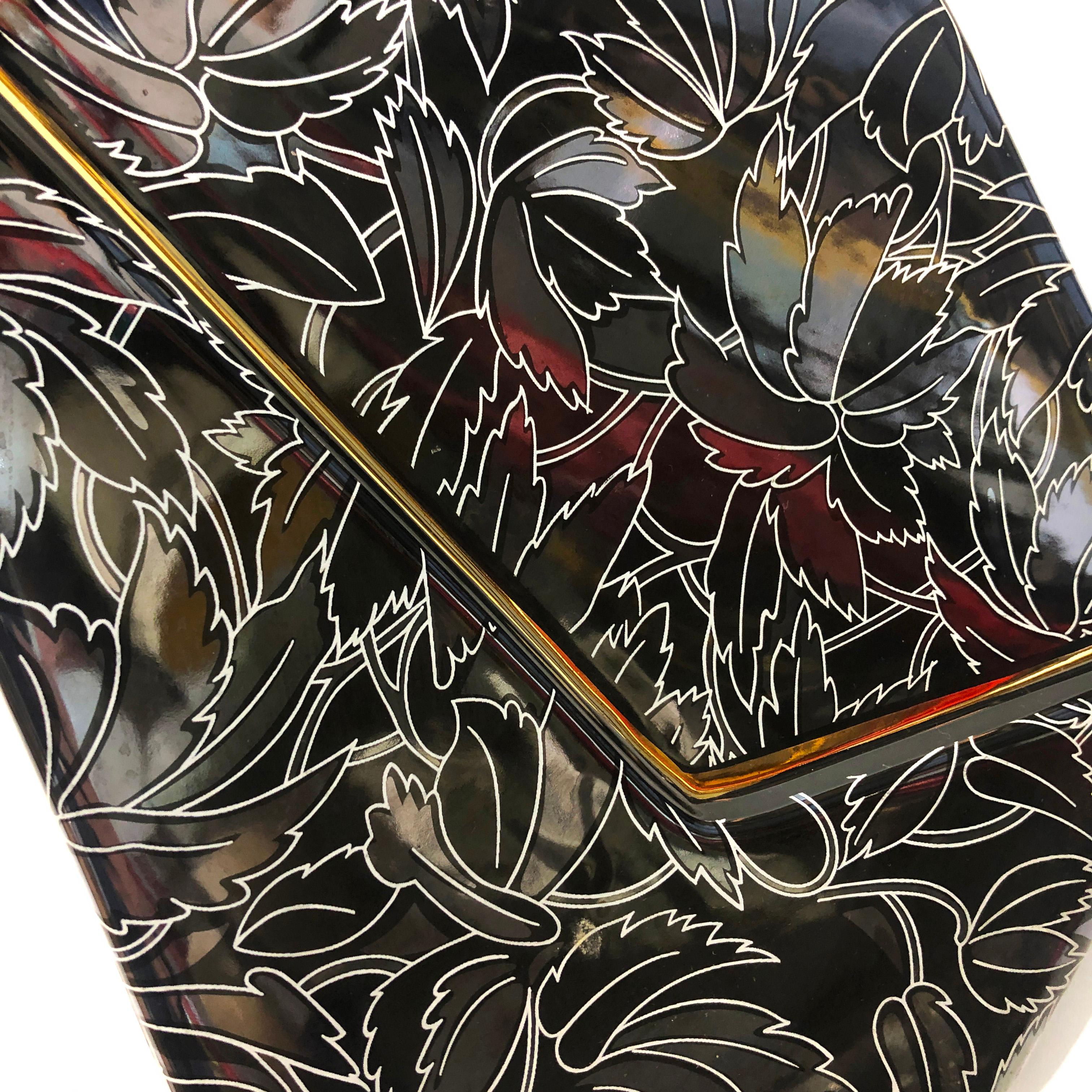Lámpara de Mesa Poligonal de Cerámica Negra Iridiscente Años 80 Postmoderna Flores Vintage en venta 5